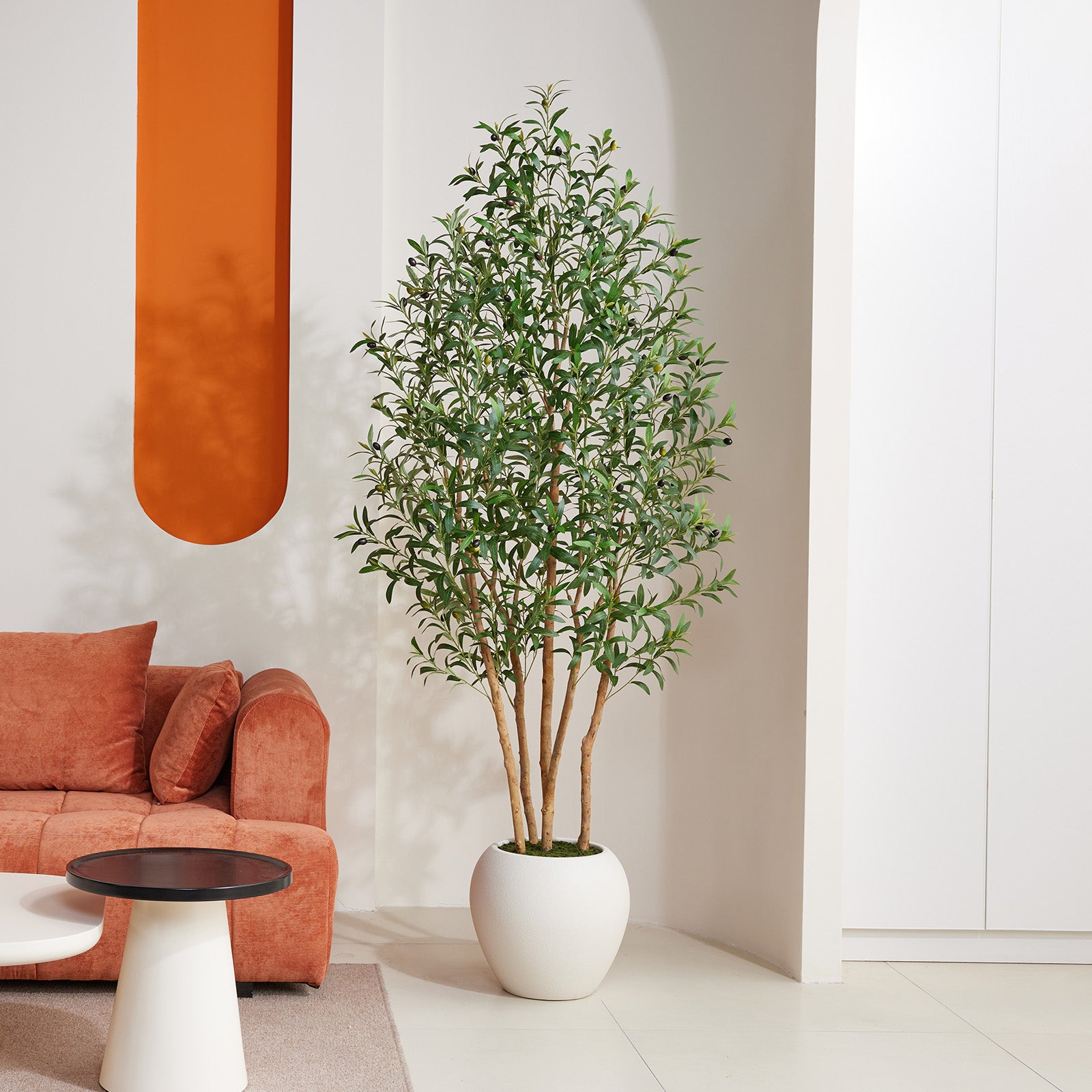 VeriNatural 6/7/8FT Artificial Olive Tree Indoor – Faux Olive Tree with Natural Wood Trunk, Lifelike Fake Plant with White Planter Included, Realistic Artificial Plants for Home, Office & Living Room Decor (VN249)