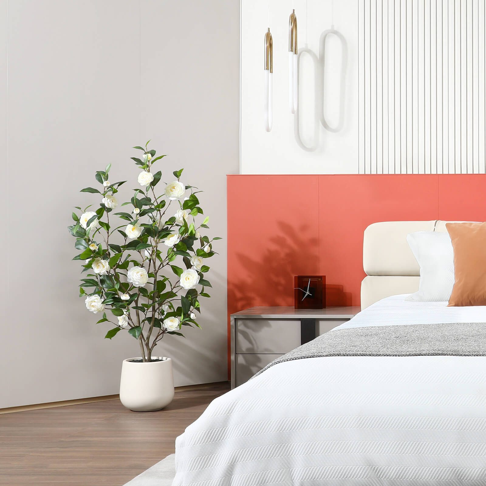 VeriNatural 4FT Artificial Camellia with White Planter for Indoor