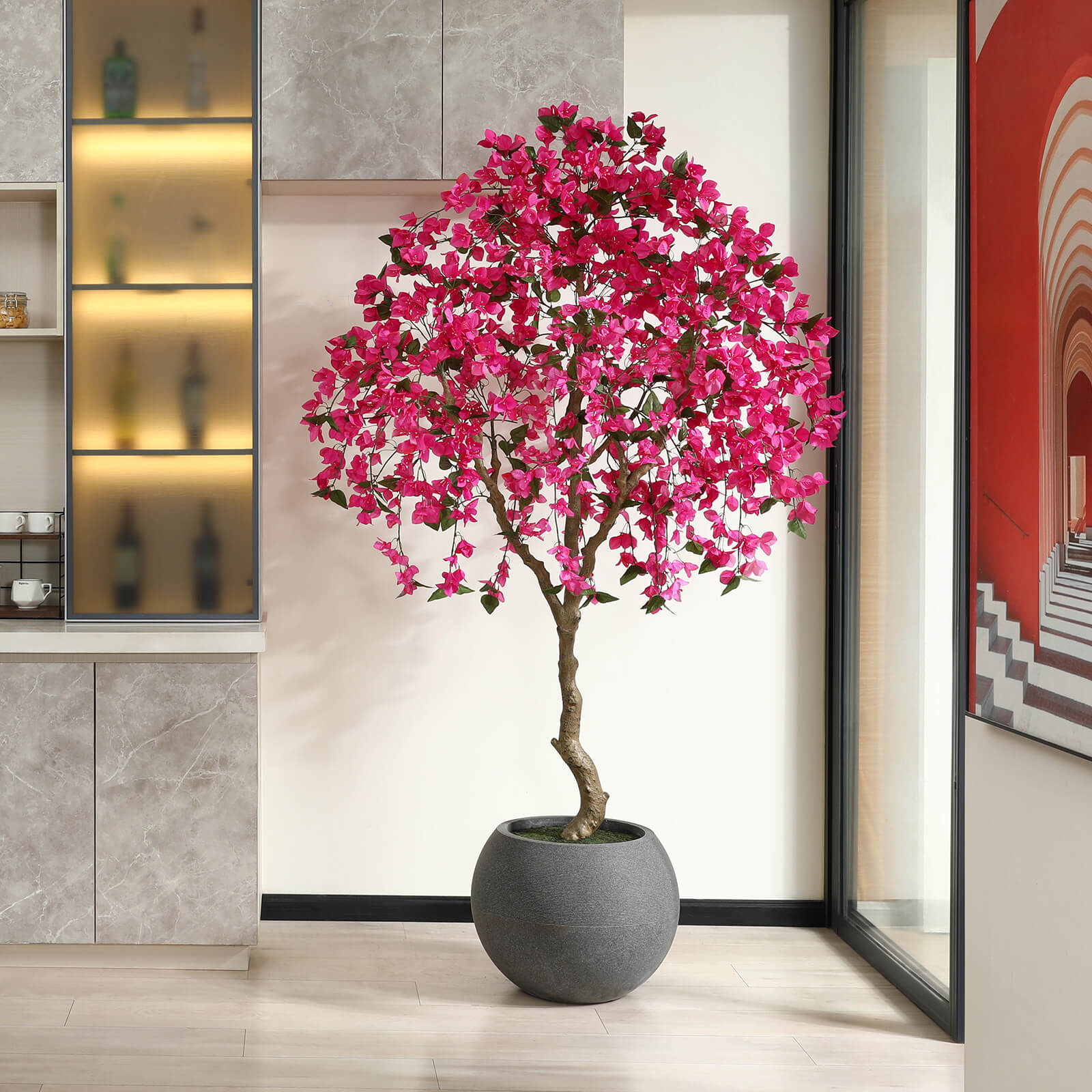 VeriNatural 7FT Artificial Bougainvillea with Gray Oval Planter for Indoor & Outdoor