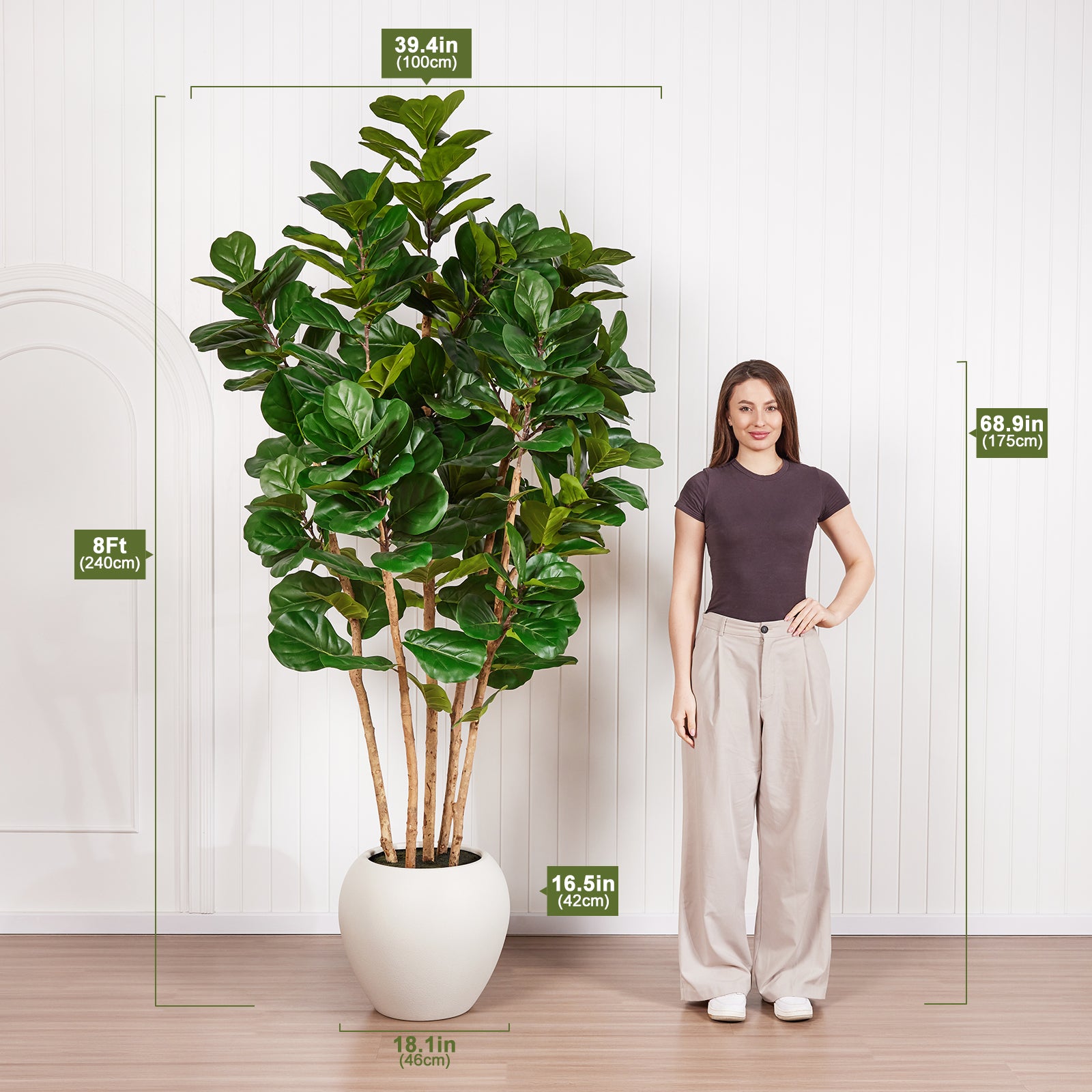 VeriNatural 6/7/8FT Artificial Fiddle Leaf Fig Tree with White Planter – Tall Faux Tree with 4 Real Wood Trunks & Real Moss, Indoor Decorative Plant for Home, Living Room & Office Decor (VN244)