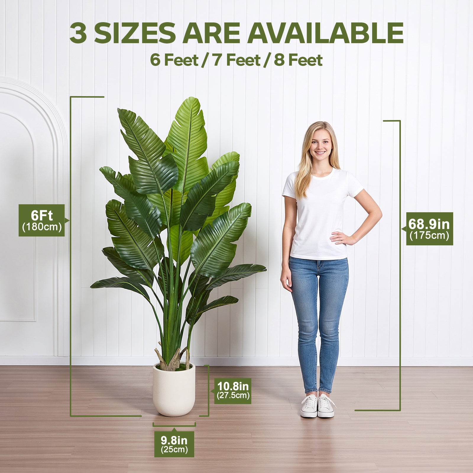 VeriNatural 6/7/8FT Artificial Bird of Paradise Tree Indoor, Large Faux Tropical Palm Plant with Realistic Trunks &  White Planter, Tall Fake Palm Tree for Living Room, Office & Home Decor (VN302)