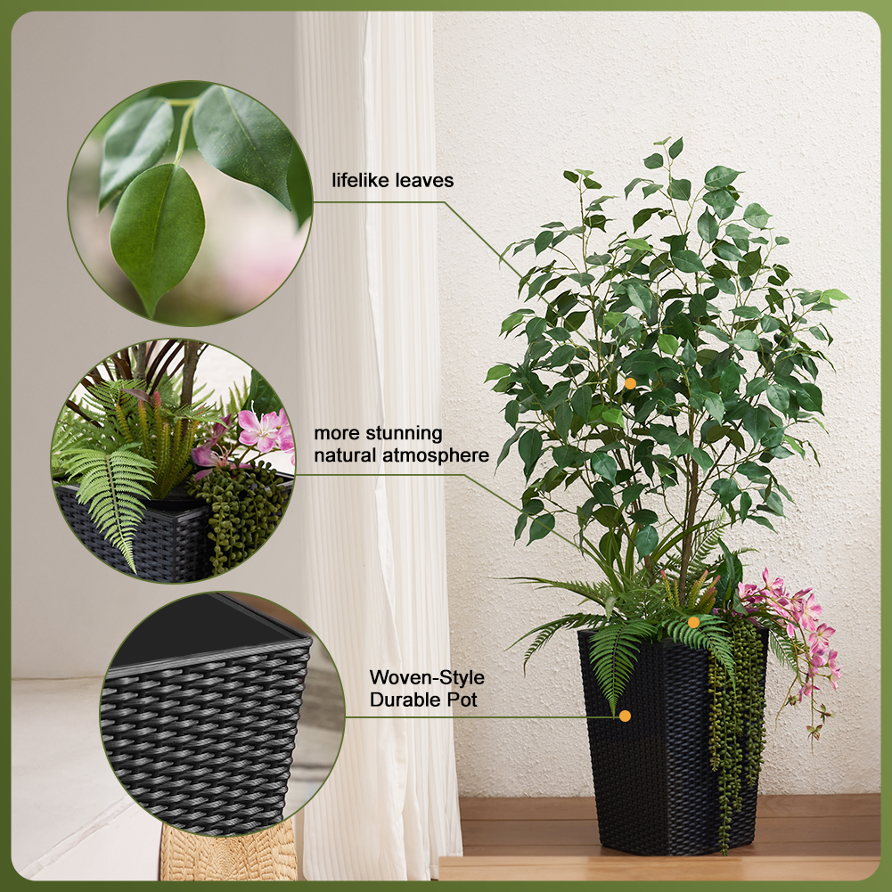 VeriNatural 4FT Mixed Fern and Ficus Artificial Plants with Black Taper Planter for Indoor & Outdoor（VN147）