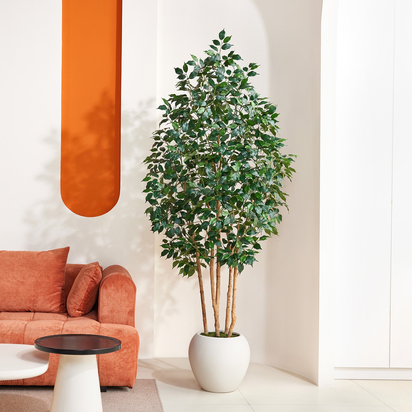 VeriNatural 6/7/8FT Artificial Ficus Tree Indoor – Faux Tree with Natural Wood Trunk, Silk Leaves & White Round Planter Included, Realistic Fake Plant for Home, Office & Living Room Decor (VN255)