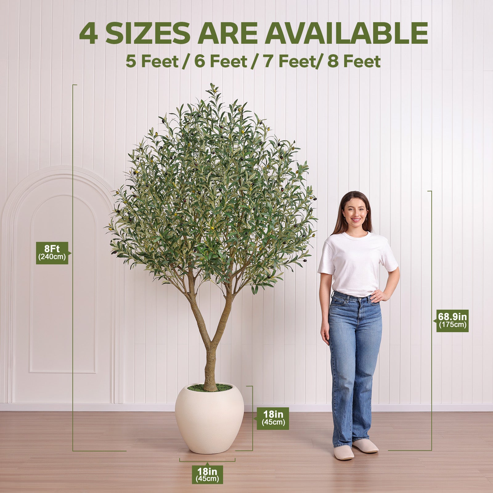 VeriNatural 8FT Artificial Olive Tree Indoor – Large Tall Faux Olive Tree with 18” White Round Planter, Full & Lush Fake Plant for Living Room, Office, Bedroom & Home Decor（VN210）