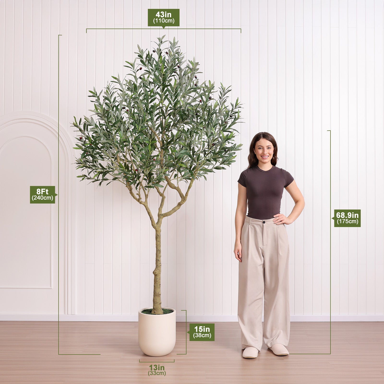 VeriNatural 8FT Artificial Olive Tree with White Tall Planter – Large Faux Olive Tree with Realistic Leaves & Lifelike Fruits for Indoor Home, Living Room & Office Decor