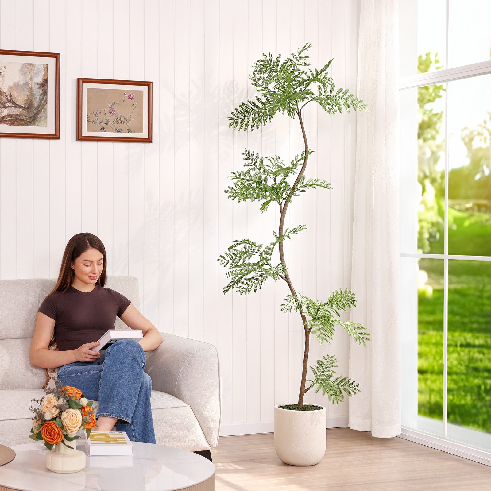 VeriNatural 7FT Artificial Jacaranda Tree in White Planter – Tall Faux Indoor Tree for Modern Home Decor（VN226）