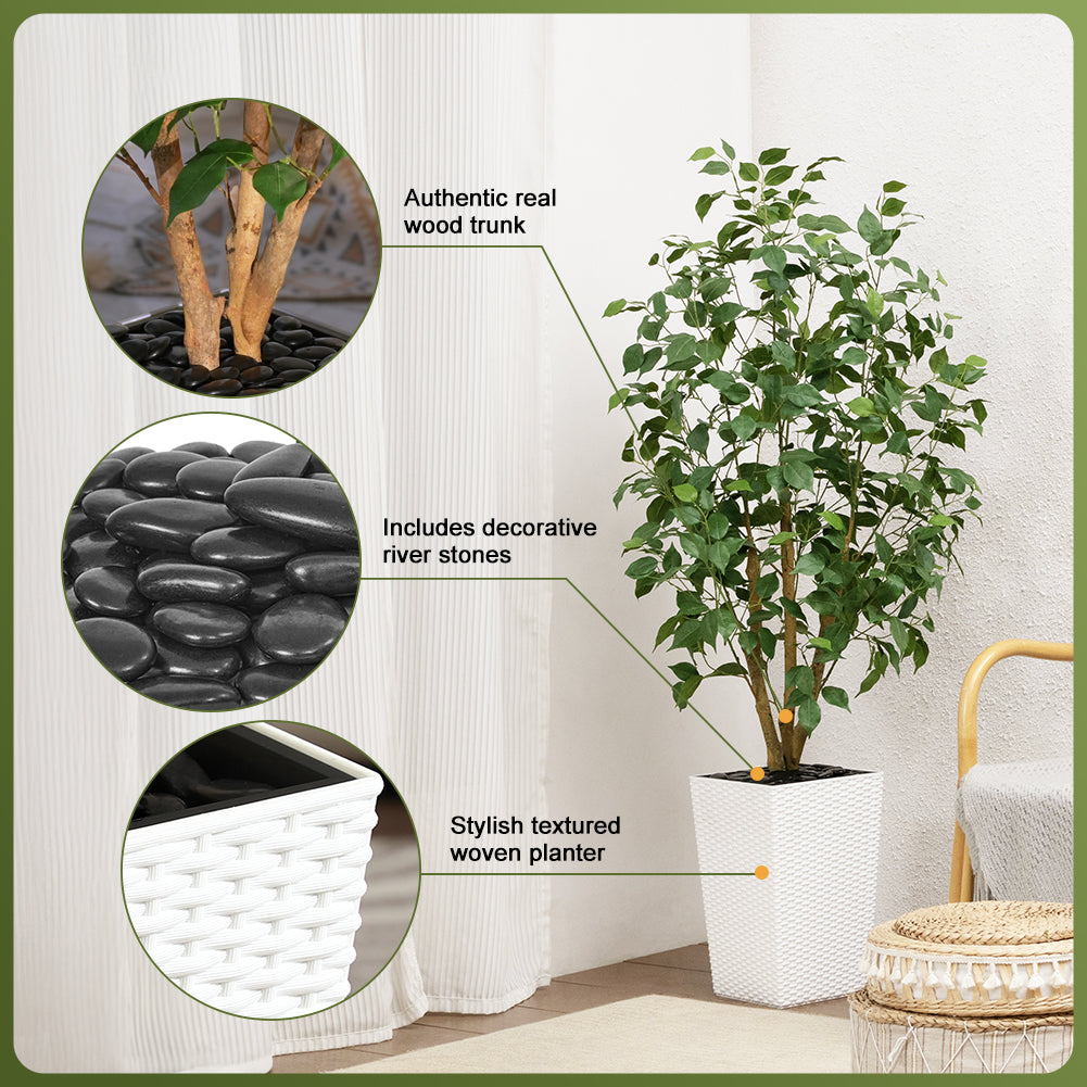 VeriNatural 5/6FT Natural Trunk Artificial Ficus Tree UV Resistant with Black/White Taper Planter for Indoor & Outdoor（VN129）