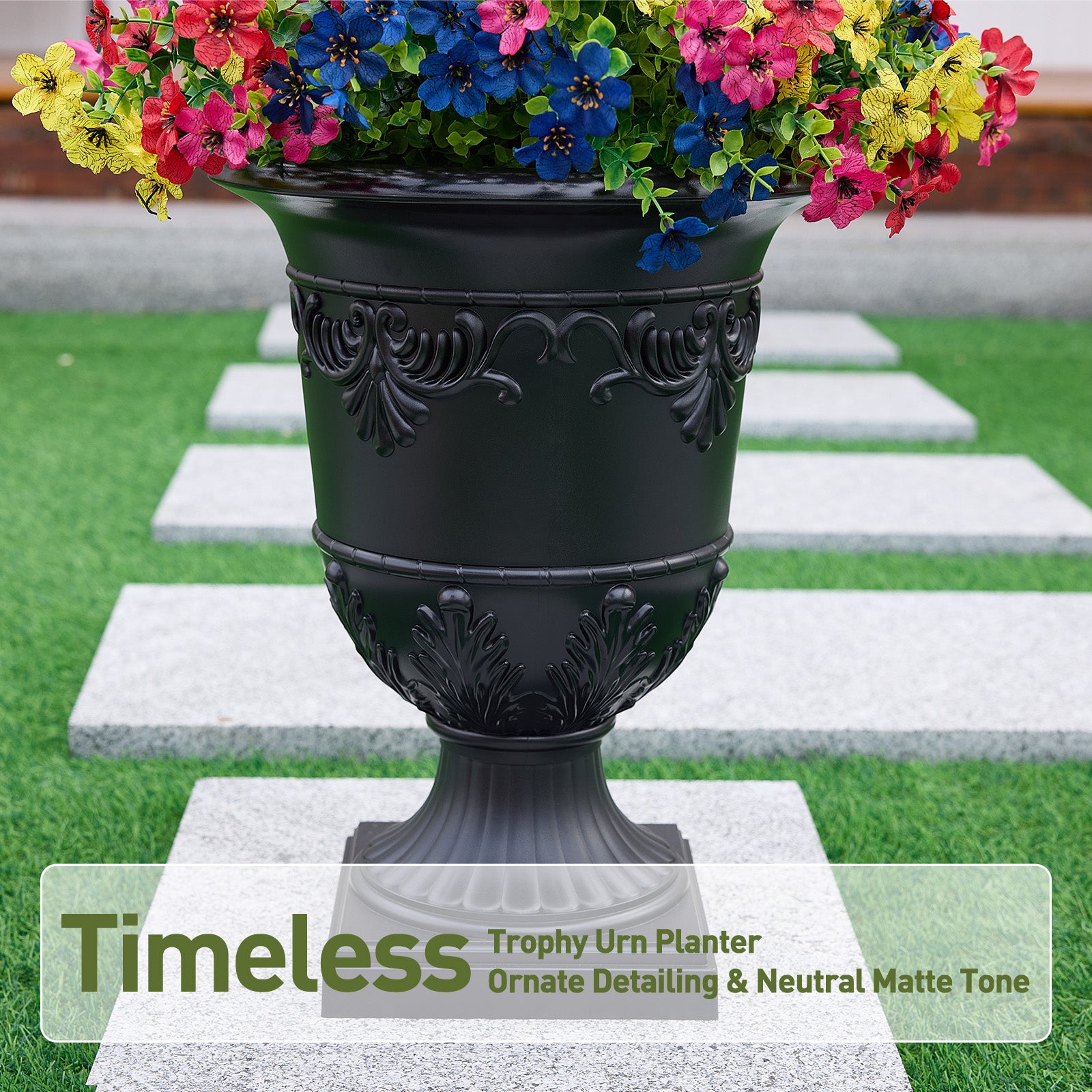 VeriNatural Artificial Lobelia in Charming Urn Planter, 24 Inch Tall Lifelike Faux Flowers, Pre-Potted with Tray, Indoor & Patio Home Decor, Available in 1 Pack & 2 Pack