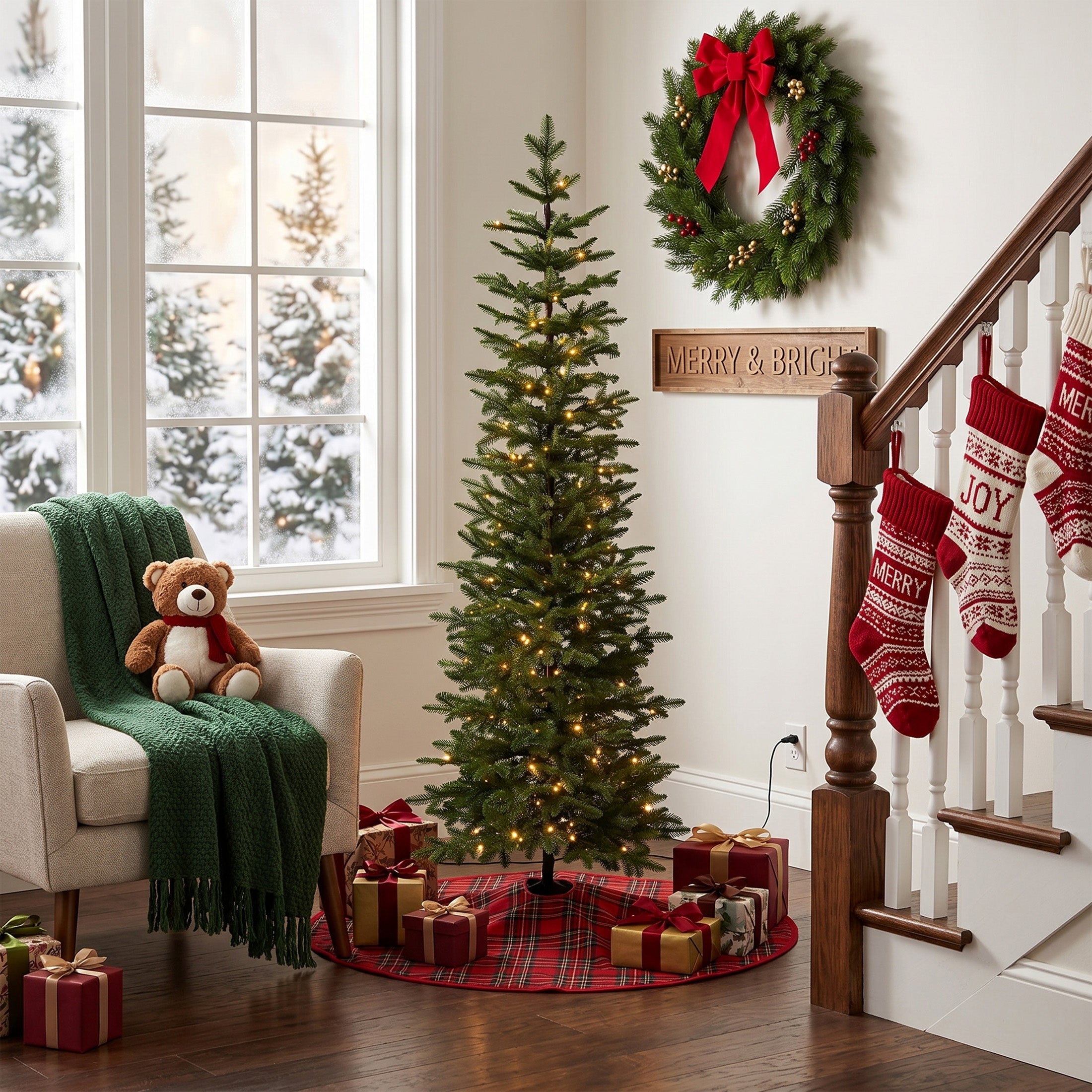 VeriNatural 5/6/7FT Pencil Christmas Tree, Slim Artificial Christmas Tree with Realistic PE Branch Tips, Available Pre-Lit or Unlit, Metal Stand, Indoor Holiday Decoration for Apartment, Entryway, Corner & Office
