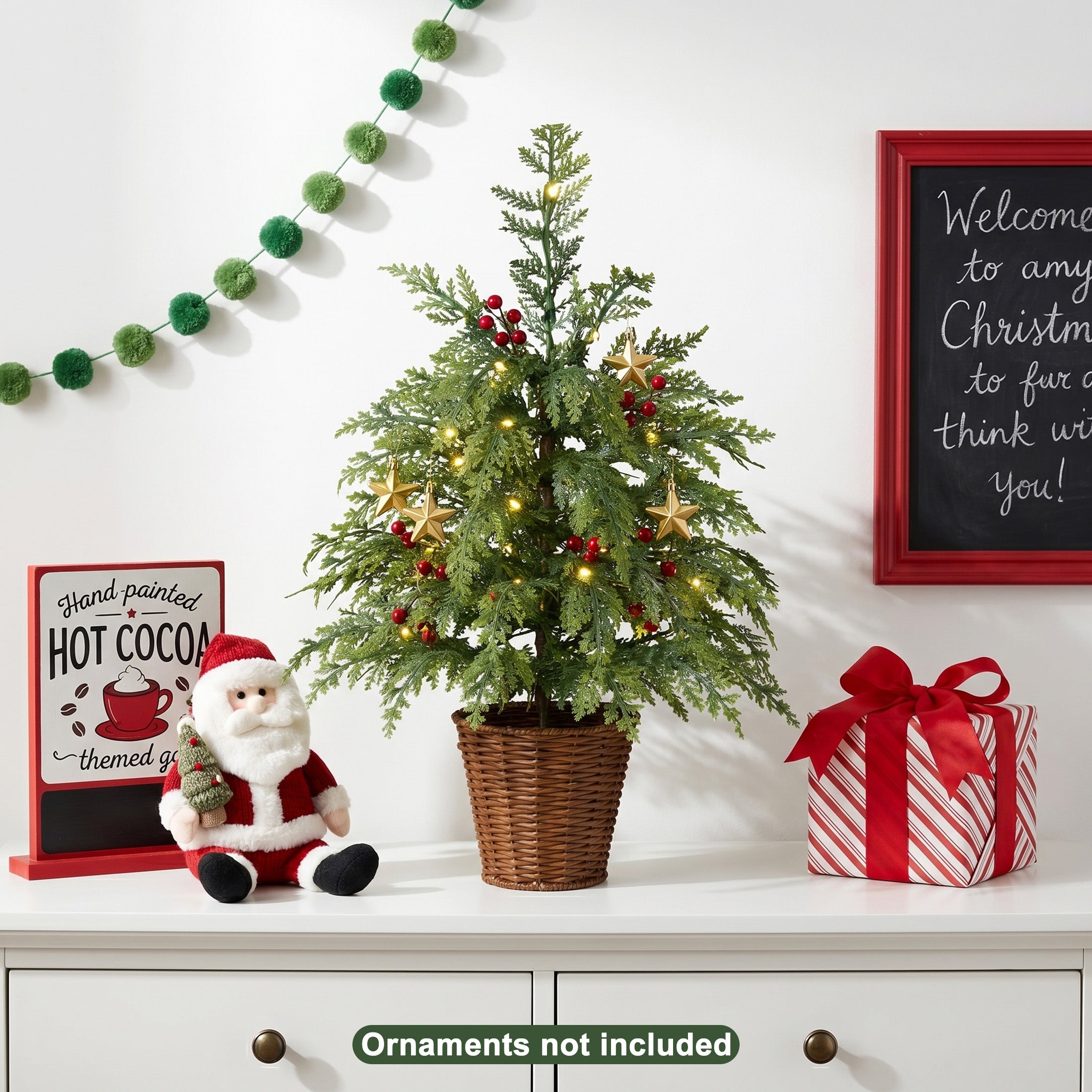 VeriNatural Pre-Lit Green Cypress Artificial Christmas Tree, 2/3/4/6/7.5FT Faux Xmas Tree with Warm White LED Lights, Indoor Holiday Decor