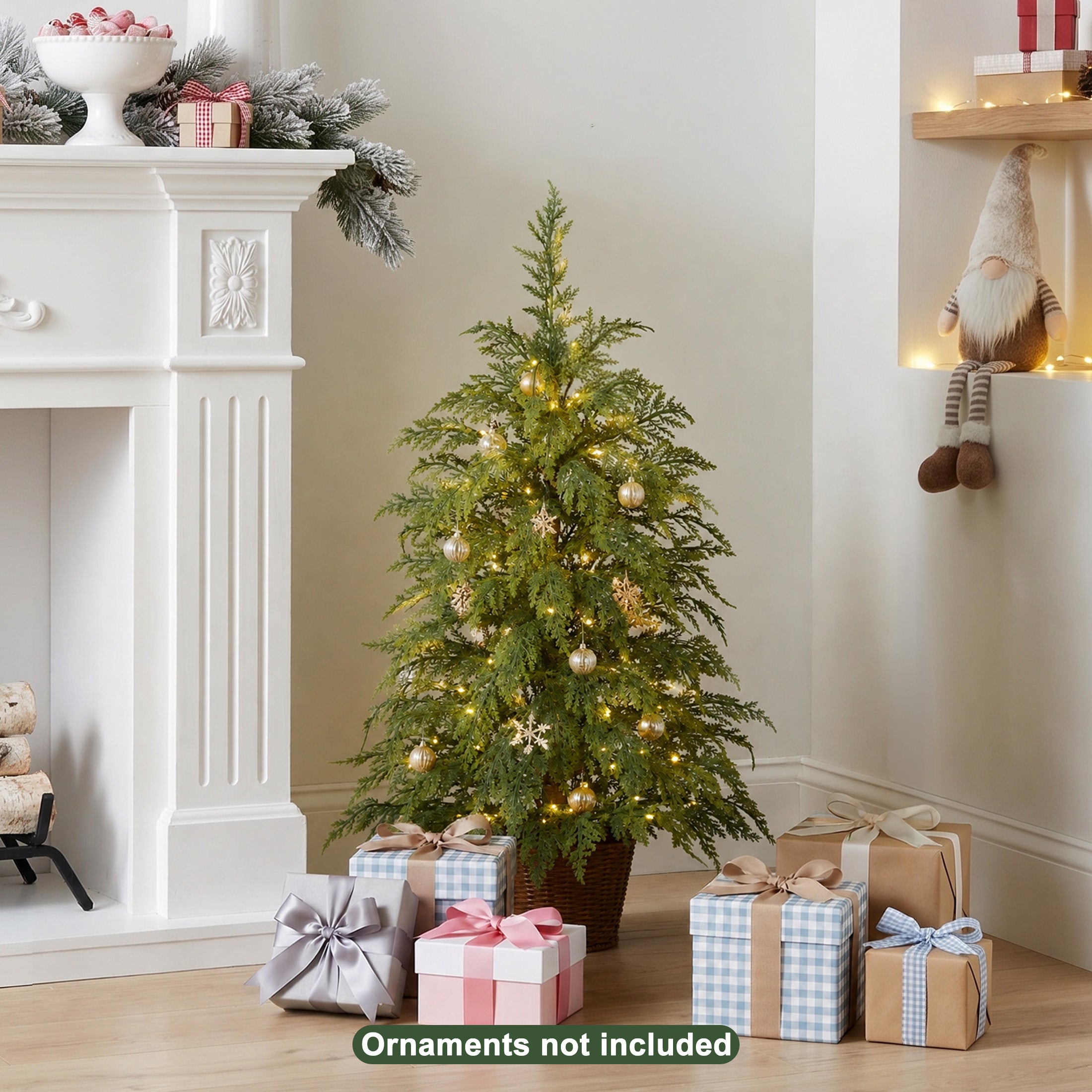 VeriNatural Pre-Lit Green Cypress Artificial Christmas Tree, 2/3/4/6/7.5FT Faux Xmas Tree with Warm White LED Lights, Indoor Holiday Decor