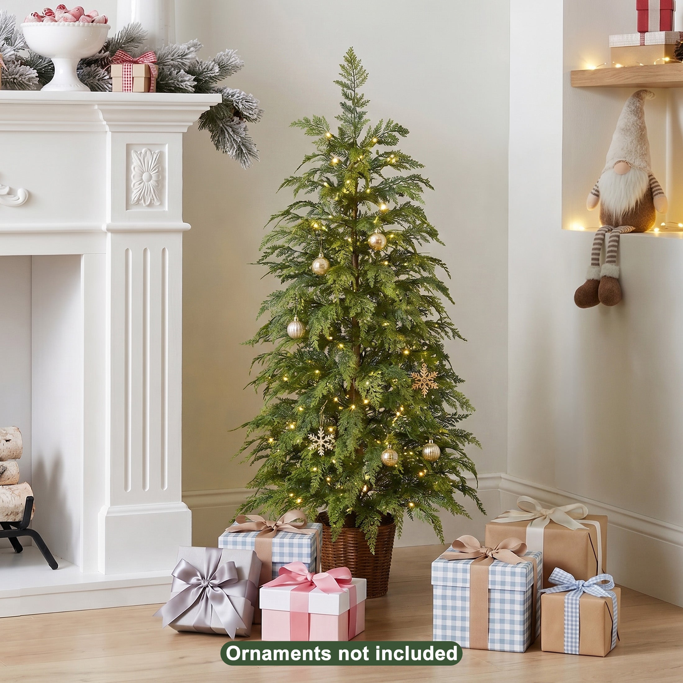 VeriNatural Pre-Lit Green Cypress Artificial Christmas Tree, 2/3/4/6/7.5FT Faux Xmas Tree with Warm White LED Lights, Indoor Holiday Decor