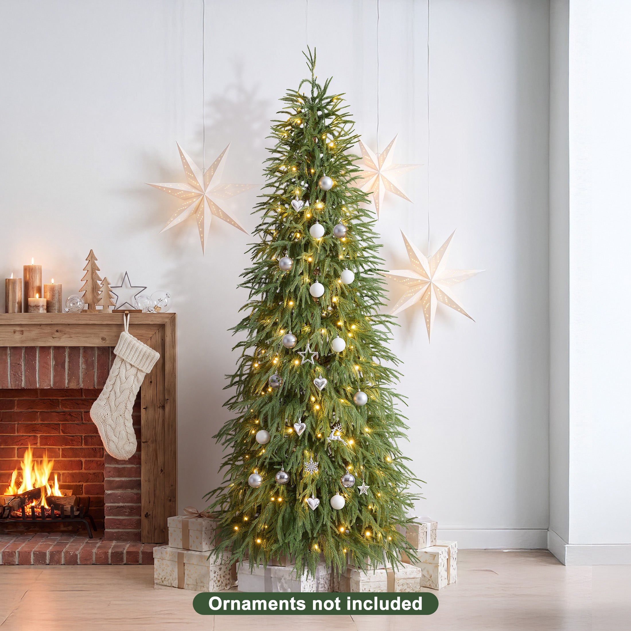 VeriNatural 5/6/7FT Pre-Lit Norfolk Pine Christmas Tree, Artificial Slim Christmas Tree with 100/150/220 Warm White LEDs, 3 Lighting Modes, Adjustable PE Branches, Space-Saving Holiday Decor for Apartment, Home & Office