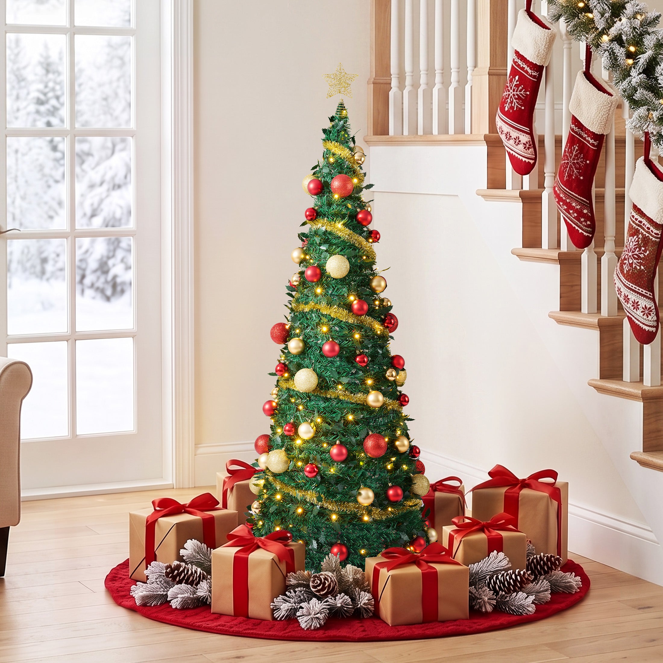 VeriNatural 6FT Pop Up Christmas Tree with 150 Warm White LED Lights & 90 Red Gold Ornaments, Pre-Lit Collapsible Artificial Xmas Tree for Easy Holiday Setup