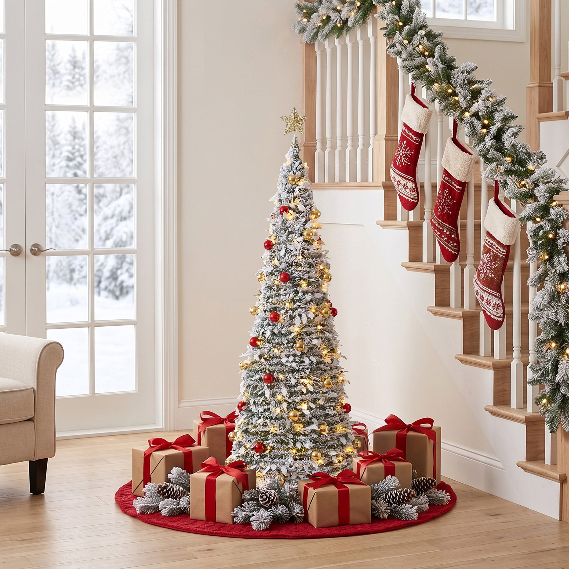 VeriNatural 6FT Snow Flocked Pop Up Christmas Tree, Pre-Lit Foldable Artificial Xmas Tree with 150 Warm White LED Lights, Star Topper & 50 Ornaments, Pre-Decorated Holiday Tree for Home & Office Decor