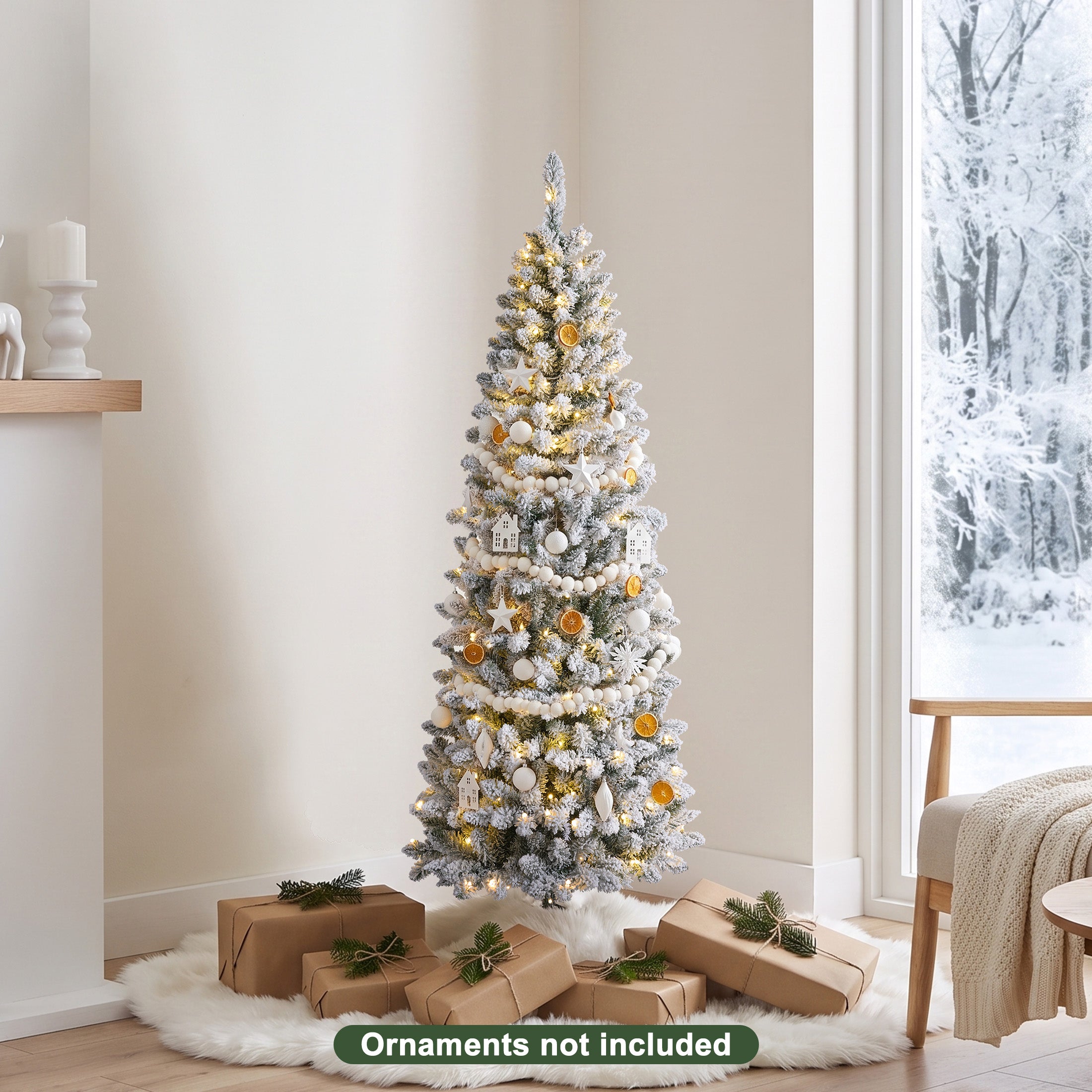 VeriNatural 6ft Prelit Snow Flocked Slim Christmas Tree - Pencil Artificial Tree with 250 Dual Color LED Lights, 9 Modes and 720 Adjustable Branches for Apartments, Living Rooms