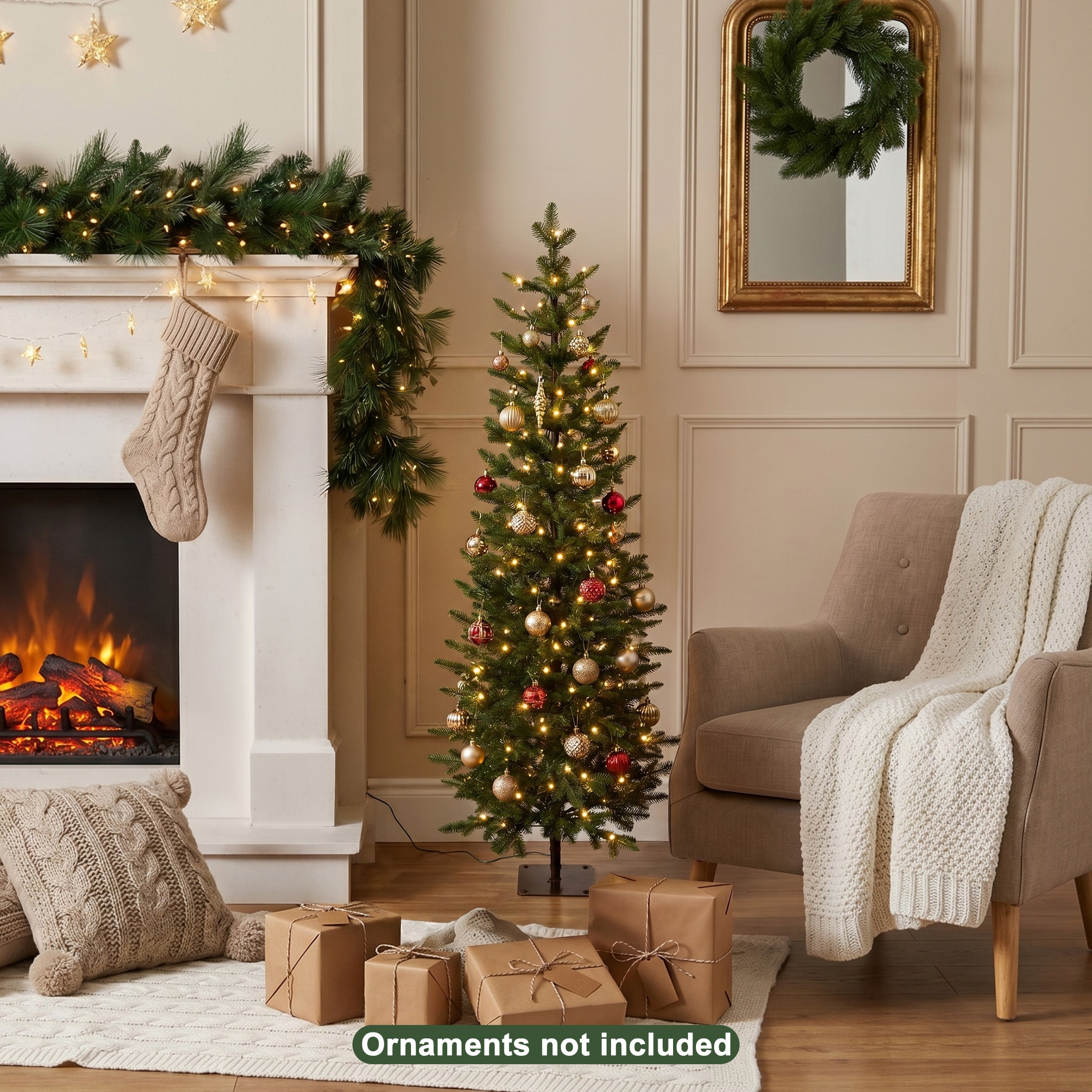 VeriNatural 5/6/7FT Pencil Christmas Tree, Slim Artificial Christmas Tree with Realistic PE Branch Tips, Available Pre-Lit or Unlit, Metal Stand, Indoor Holiday Decoration for Apartment, Entryway, Corner & Office