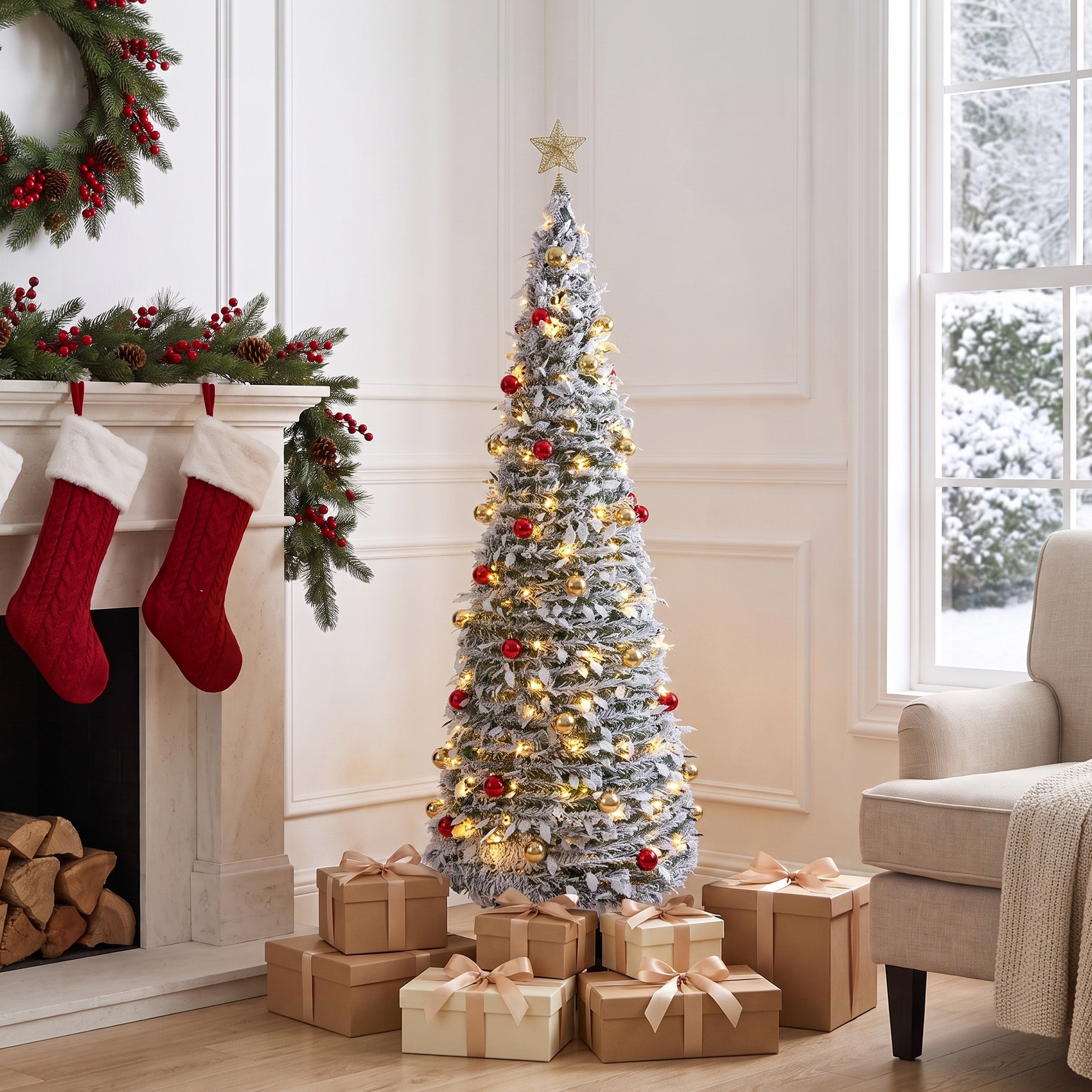 VeriNatural 6FT Snow Flocked Pop Up Christmas Tree, Pre-Lit Foldable Artificial Xmas Tree with 150 Warm White LED Lights, Star Topper & 50 Ornaments, Pre-Decorated Holiday Tree for Home & Office Decor