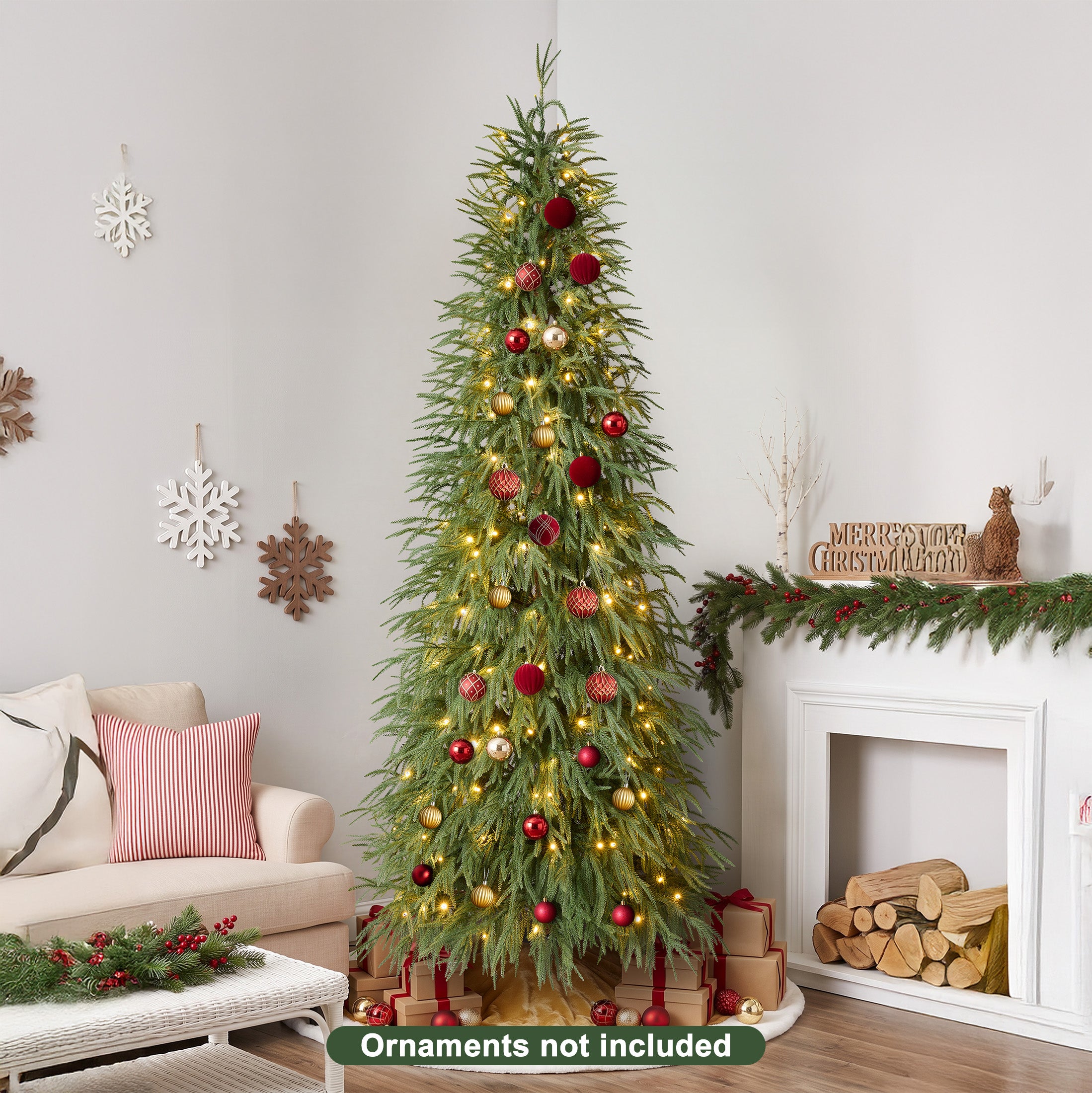 VeriNatural 5/6/7FT Pre-Lit Norfolk Pine Christmas Tree, Artificial Slim Christmas Tree with 100/150/220 Warm White LEDs, 3 Lighting Modes, Adjustable PE Branches, Space-Saving Holiday Decor for Apartment, Home & Office