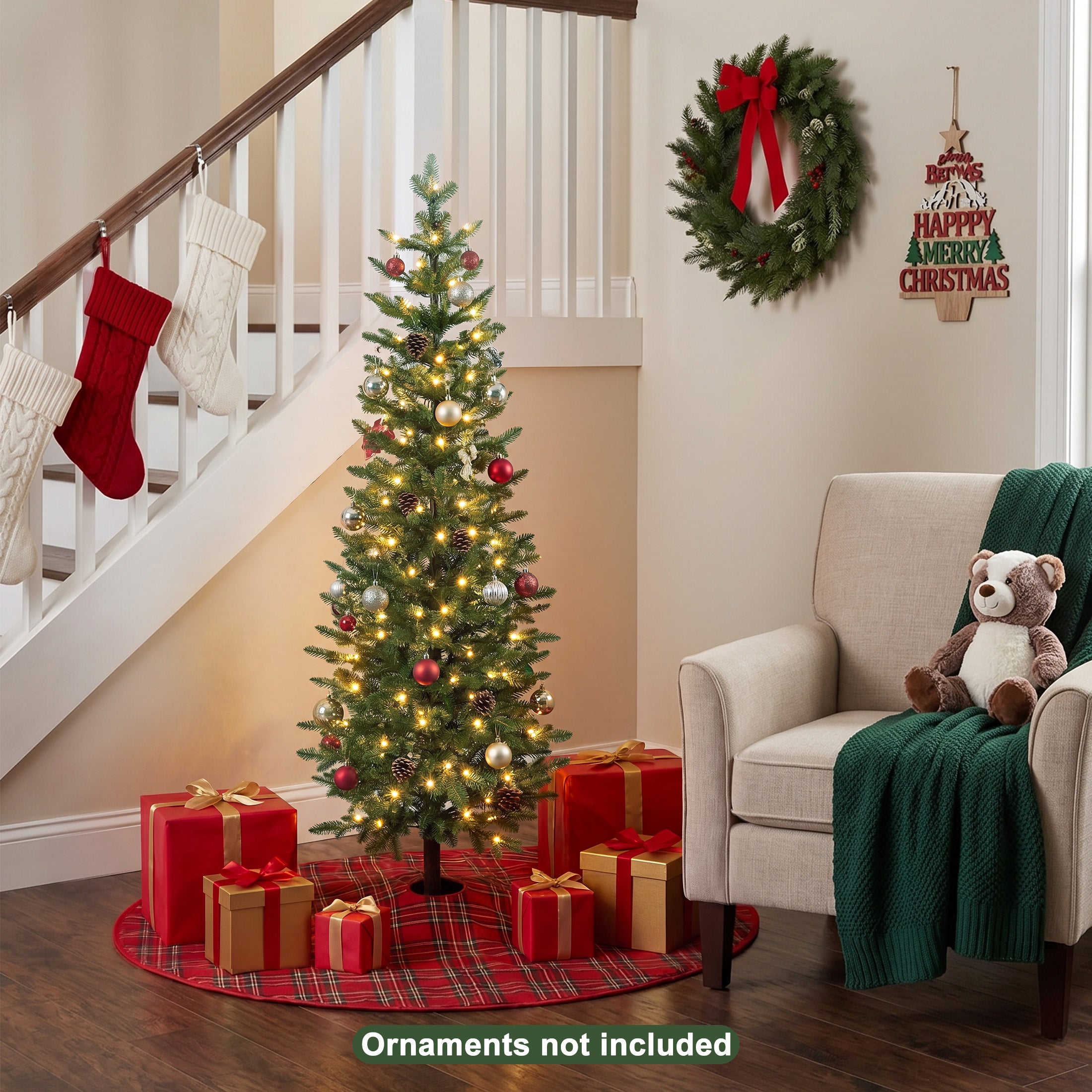 VeriNatural 5/6/7FT Pencil Christmas Tree, Slim Artificial Christmas Tree with Realistic PE Branch Tips, Available Pre-Lit or Unlit, Metal Stand, Indoor Holiday Decoration for Apartment, Entryway, Corner & Office