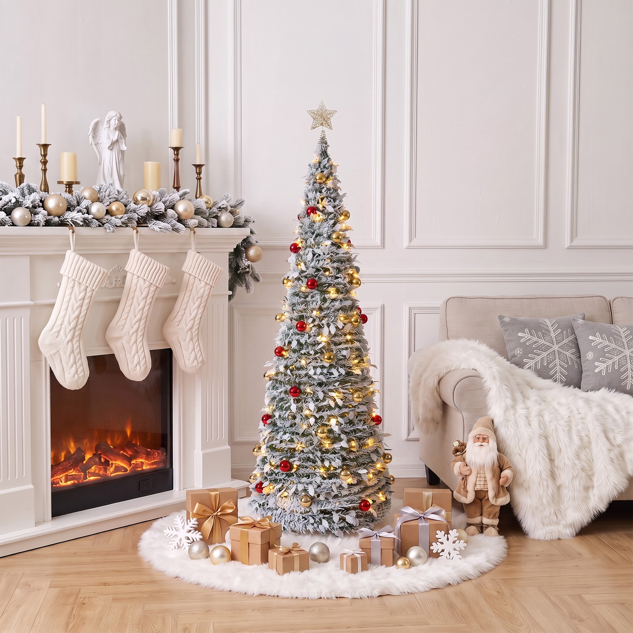 VeriNatural 6FT Snow Flocked Pop Up Christmas Tree, Pre-Lit Foldable Artificial Xmas Tree with 150 Warm White LED Lights, Star Topper & 50 Ornaments, Pre-Decorated Holiday Tree for Home & Office Decor