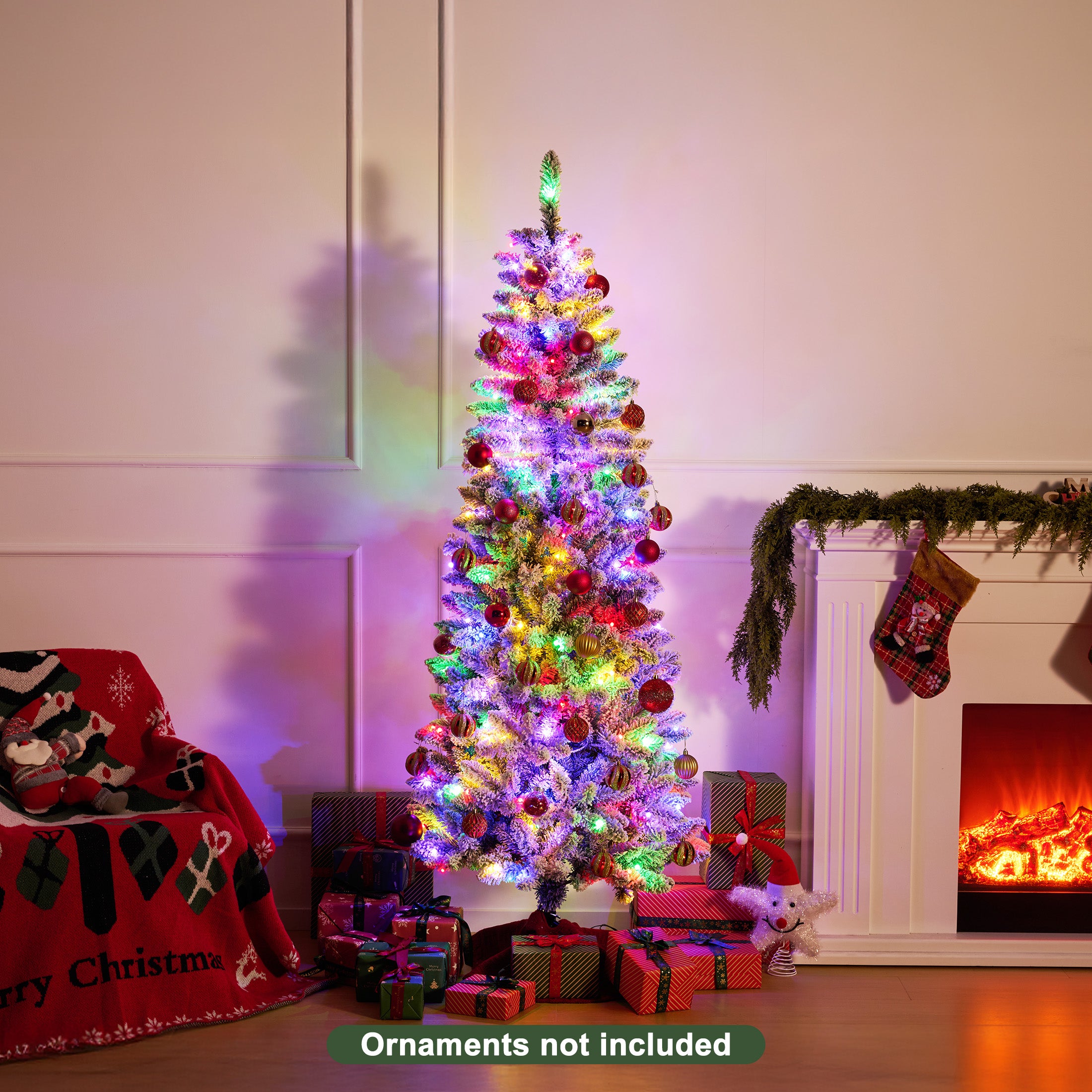 VeriNatural 6ft Prelit Snow Flocked Slim Christmas Tree - Pencil Artificial Tree with 250 Dual Color LED Lights, 9 Modes and 720 Adjustable Branches for Apartments, Living Rooms