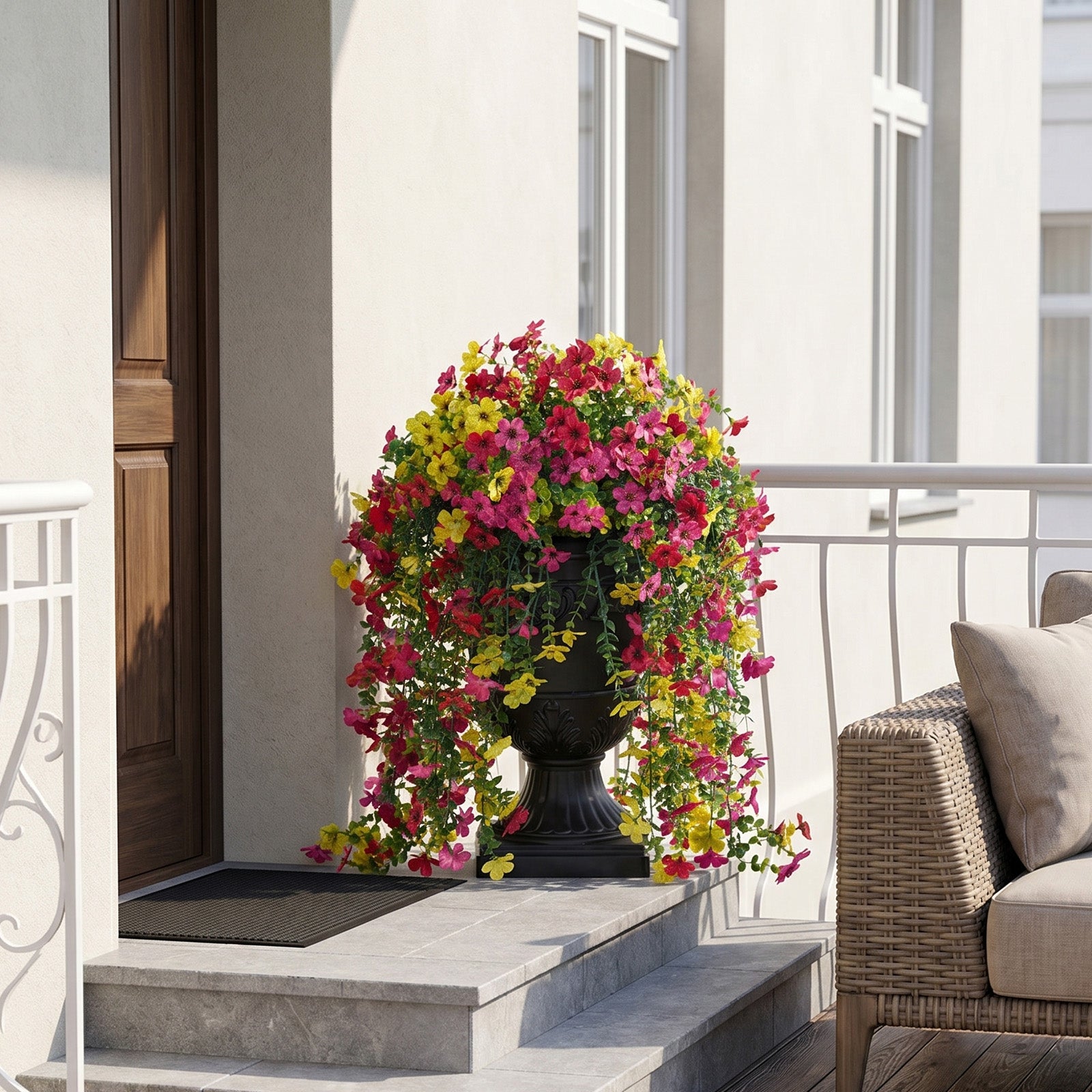 VeriNatural Artificial Lobelia in Charming Urn Planter Set, 26 Inch (0.65m) Tall Lifelike Faux Flowers, Pre-Potted with Tray, Indoor & Patio Decor, Available in 1 Pack & 2 Pack
