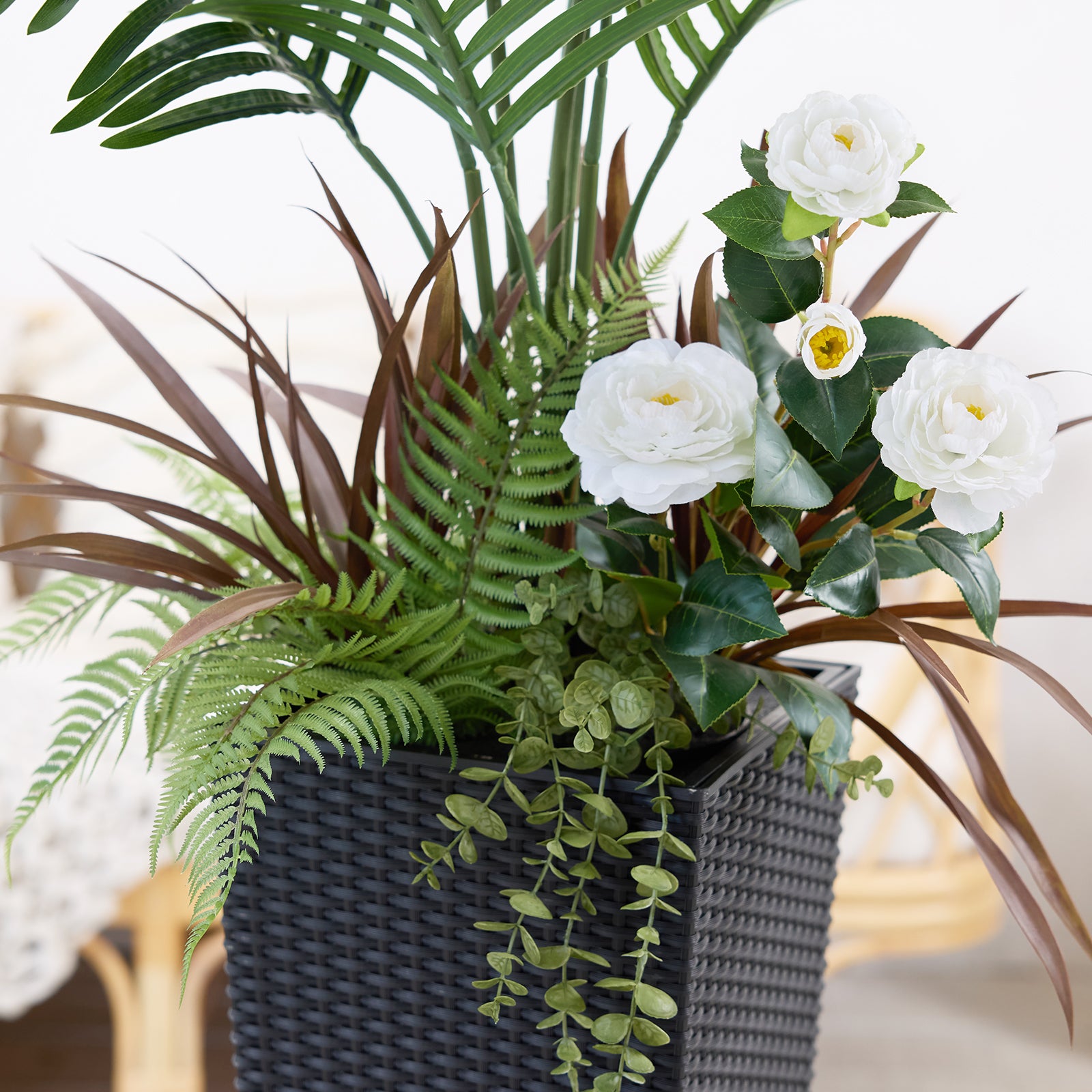 VeriNatural 4FT Mixed Fern and Plam Artificial Plants with Black/White Taper Planter for Indoor & Outdoor（VN148）