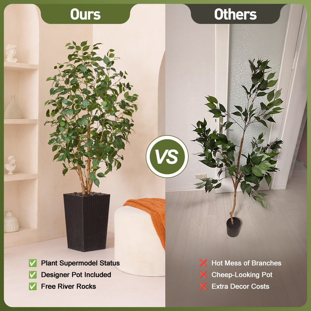 VeriNatural 5/6FT Natural Trunk Artificial Ficus Tree UV Resistant with Black/White Taper Planter for Indoor & Outdoor（VN129）