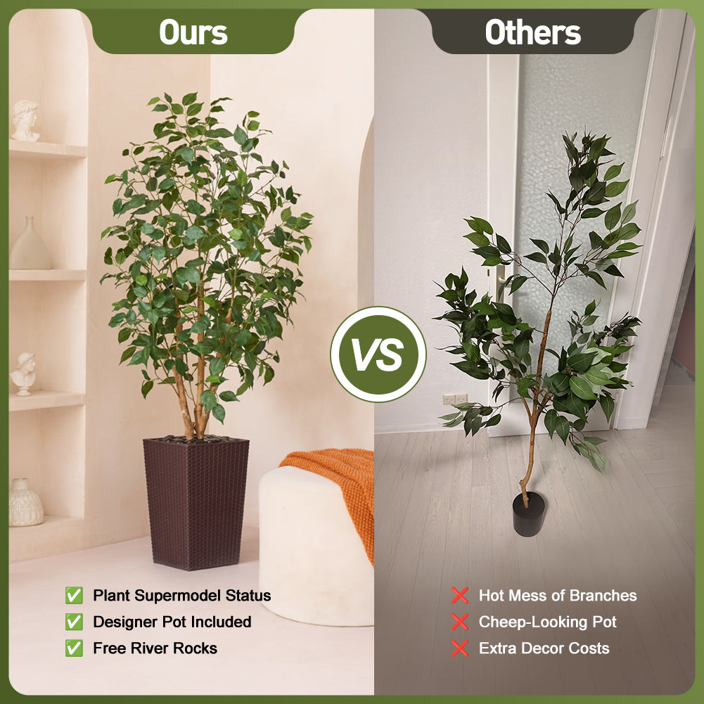 VeriNatural 5/6FT Natural Trunk Artificial Ficus Tree UV Resistant with Black/White Taper Planter for Indoor & Outdoor（VN129）