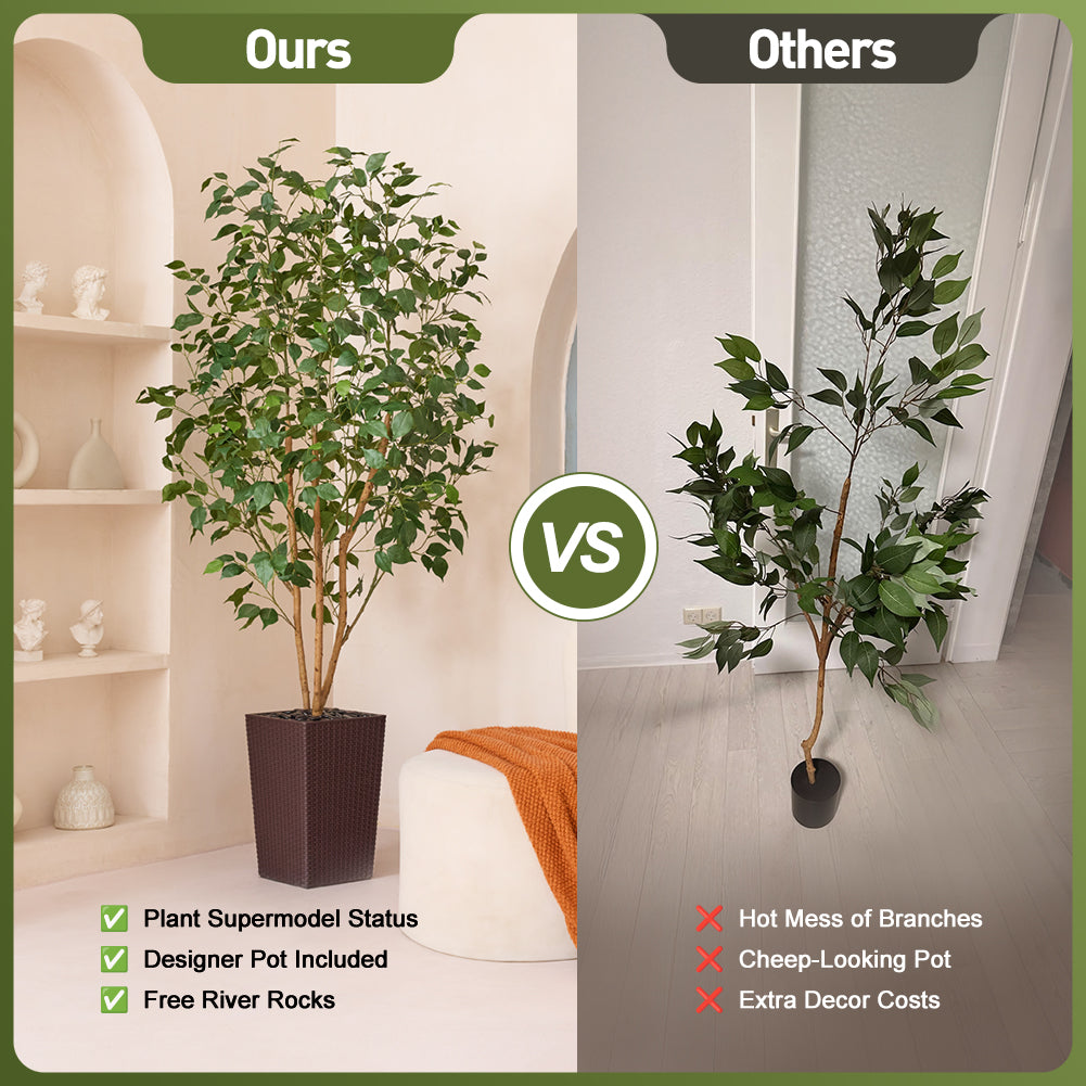 VeriNatural 5/6FT Natural Trunk Artificial Ficus Tree UV Resistant with Black/White Taper Planter for Indoor & Outdoor（VN129）