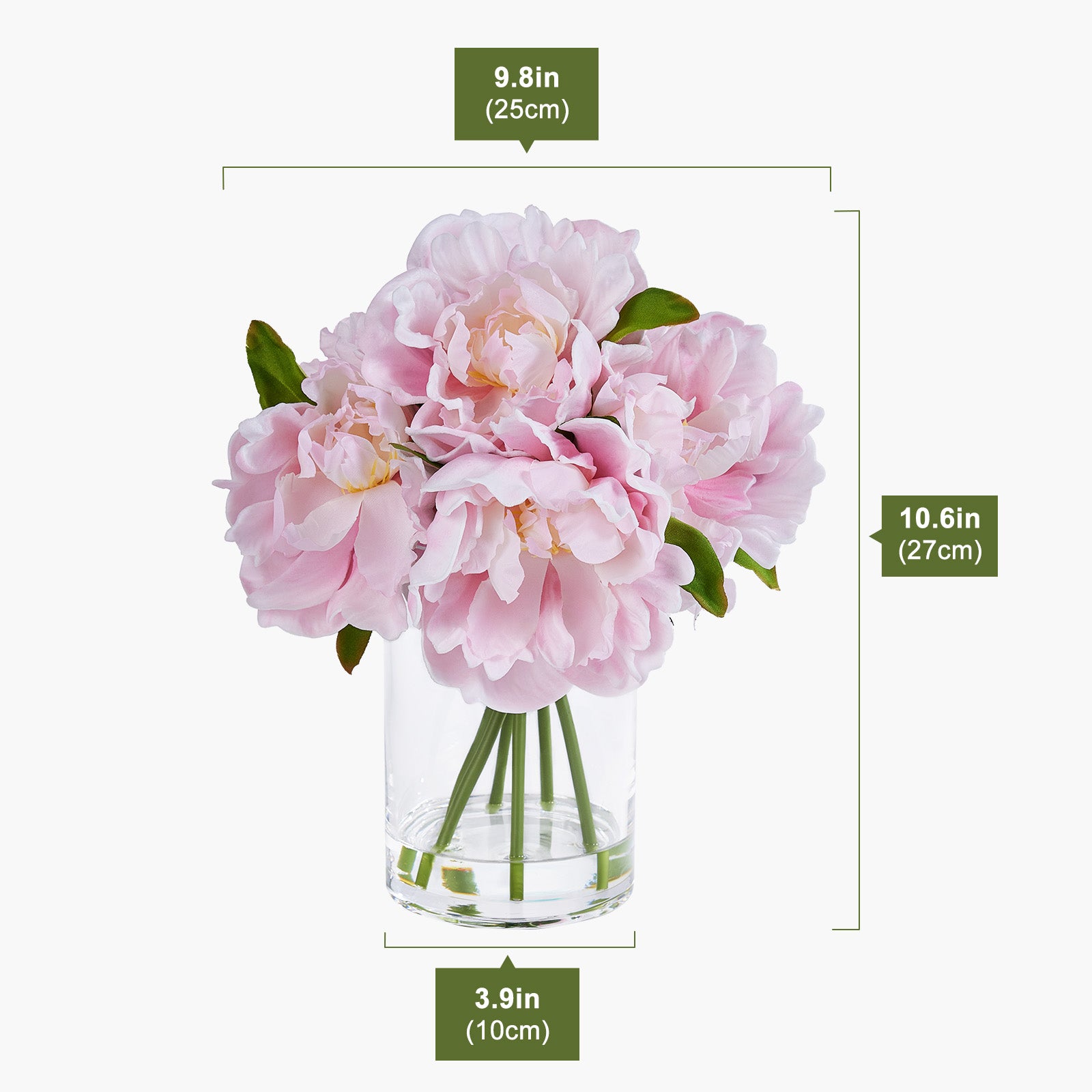 VeriNatural Pink or White Peony Bouquet – 6 Stems, 6 Realistic Blooms in Cylinder Vase with Faux Water, 10.6" Tall Home & Office Decor