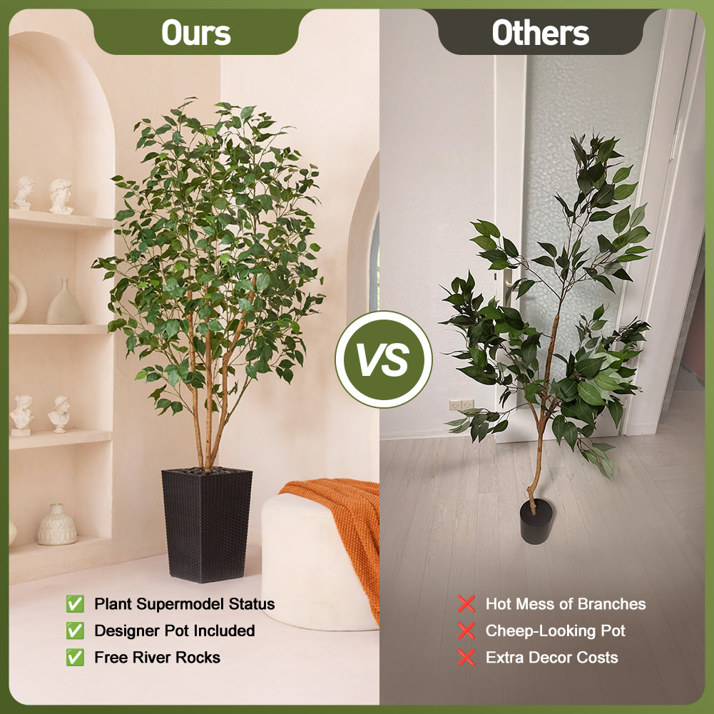 VeriNatural 5/6FT Natural Trunk Artificial Ficus Tree UV Resistant with Black/White Taper Planter for Indoor & Outdoor（VN129）