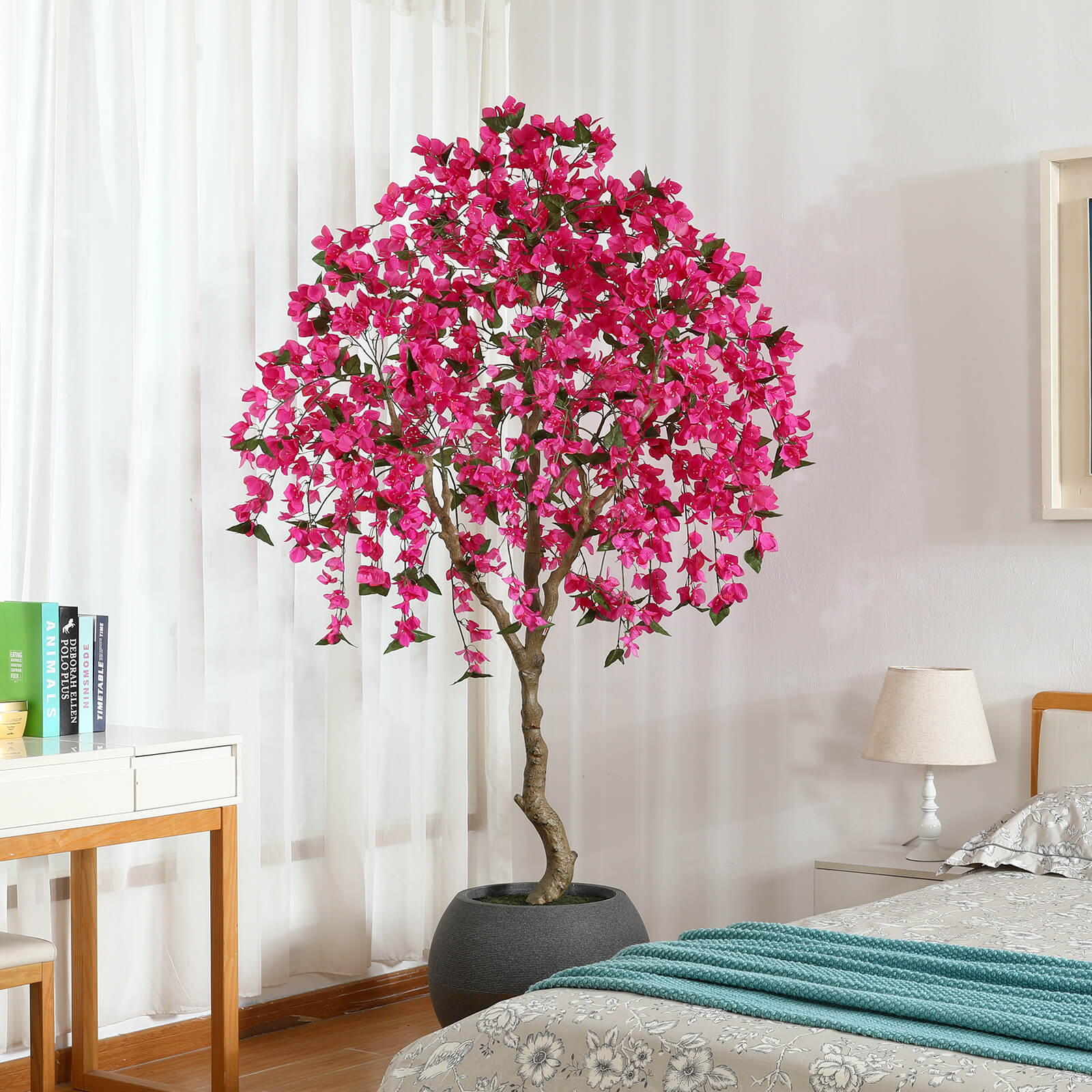 VeriNatural 7FT Artificial Bougainvillea with Gray Oval Planter for Indoor & Outdoor