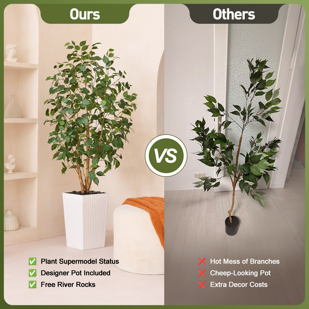 VeriNatural 5/6FT Natural Trunk Artificial Ficus Tree UV Resistant with Black/White Taper Planter for Indoor & Outdoor（VN129）