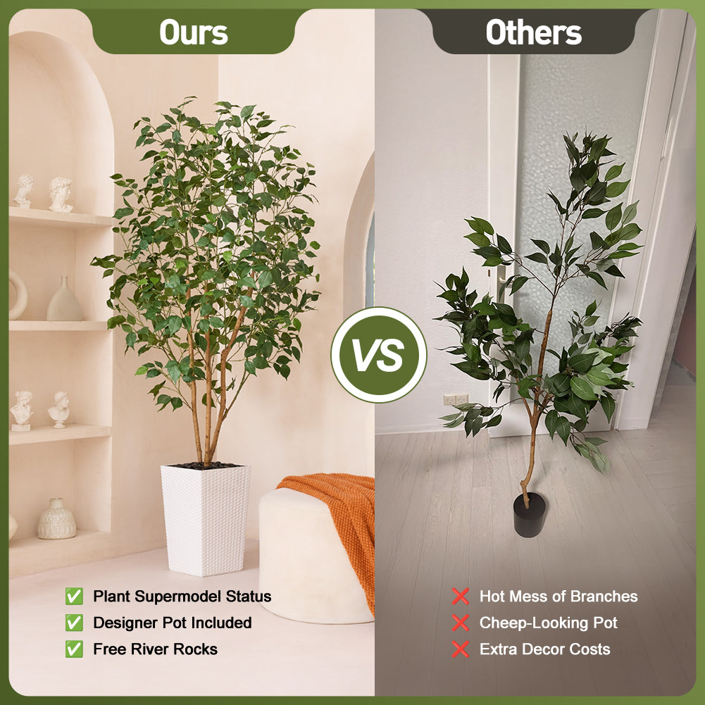 VeriNatural 5/6FT Natural Trunk Artificial Ficus Tree UV Resistant with Black/White Taper Planter for Indoor & Outdoor（VN129）