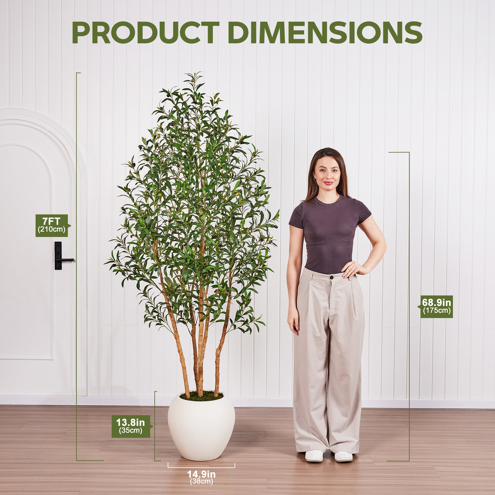 VeriNatural 6/7/8FT Artificial Olive Tree Indoor – Faux Olive Tree with Natural Wood Trunk, Lifelike Fake Plant with White Planter Included, Realistic Artificial Plants for Home, Office & Living Room Decor (VN249)