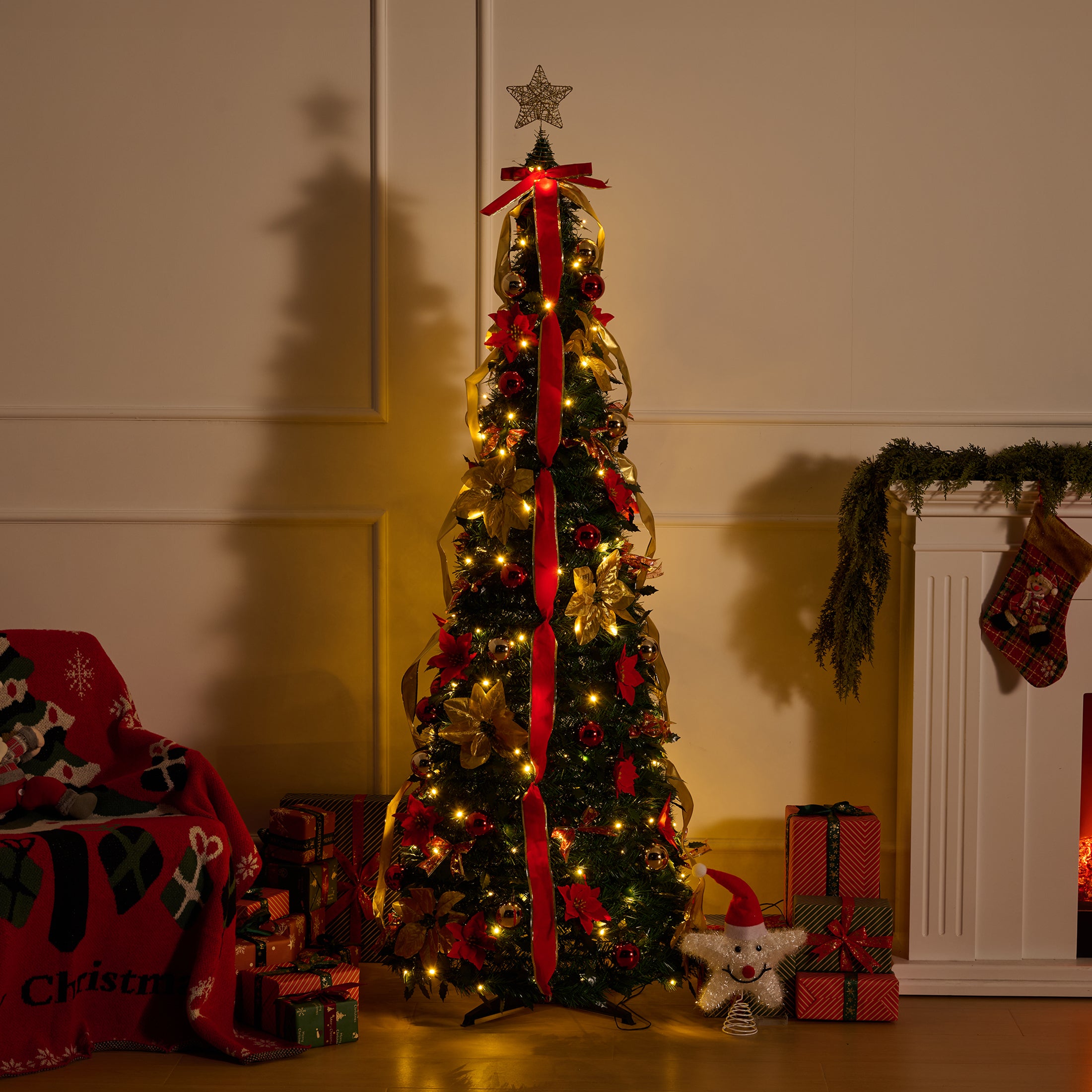 VeriNatural 6FT Pop Up Christmas Tree with Red Ribbon & LED Lights, Pre-Decorated Collapsible Artificial Xmas Tree, Easy Setup Holiday Decor
