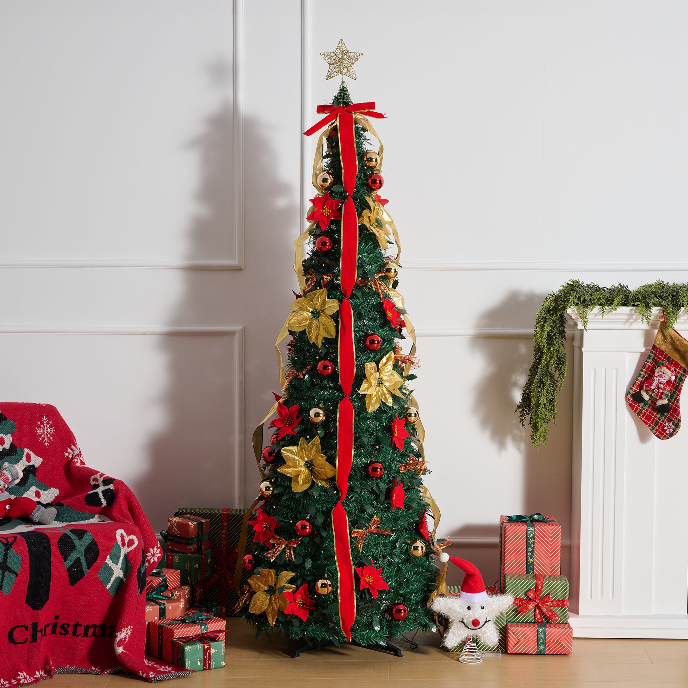 VeriNatural 6FT Pop Up Christmas Tree with Red Ribbon & LED Lights, Pre-Decorated Collapsible Artificial Xmas Tree, Easy Setup Holiday Decor