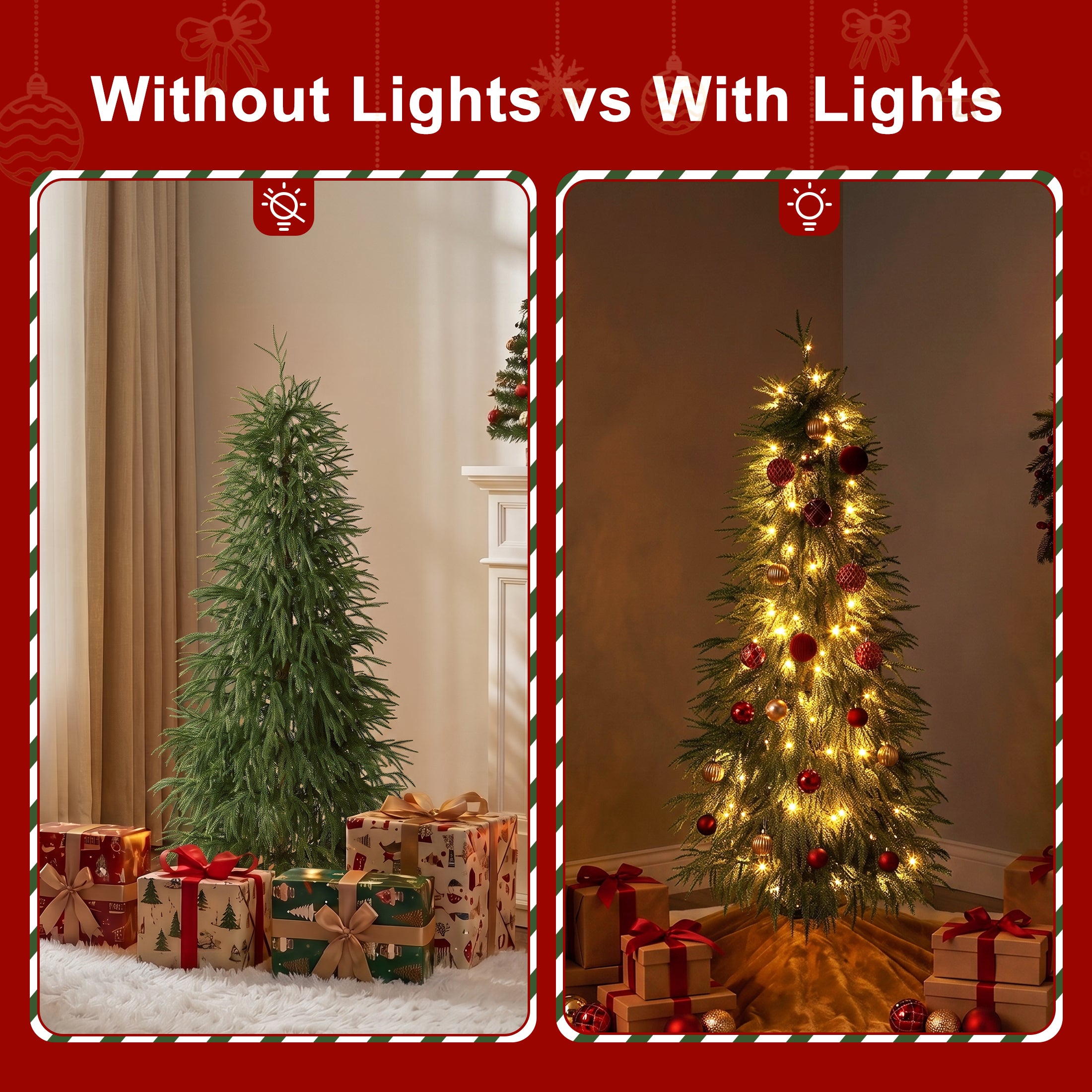 VeriNatural 5/6/7FT Pre-Lit Norfolk Pine Christmas Tree, Artificial Slim Christmas Tree with 100/150/220 Warm White LEDs, 3 Lighting Modes, Adjustable PE Branches, Space-Saving Holiday Decor for Apartment, Home & Office