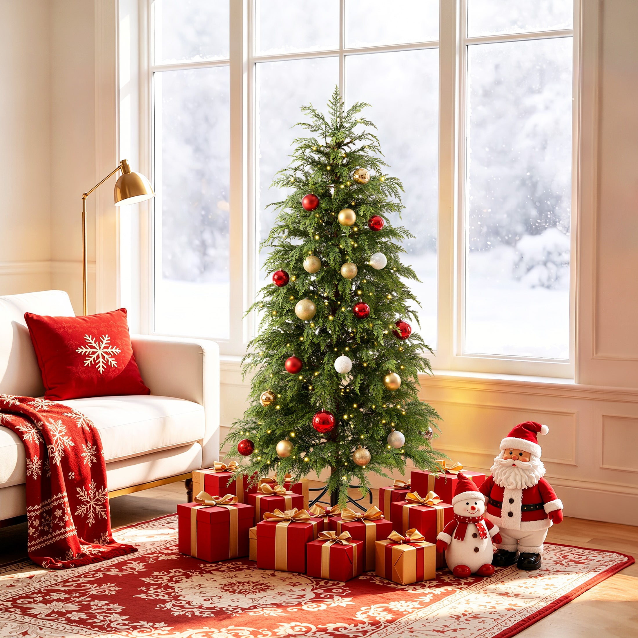 VeriNatural Pre-Lit Green Cypress Artificial Christmas Tree, 2/3/4/6/7.5FT Faux Xmas Tree with Warm White LED Lights, Indoor Holiday Decor