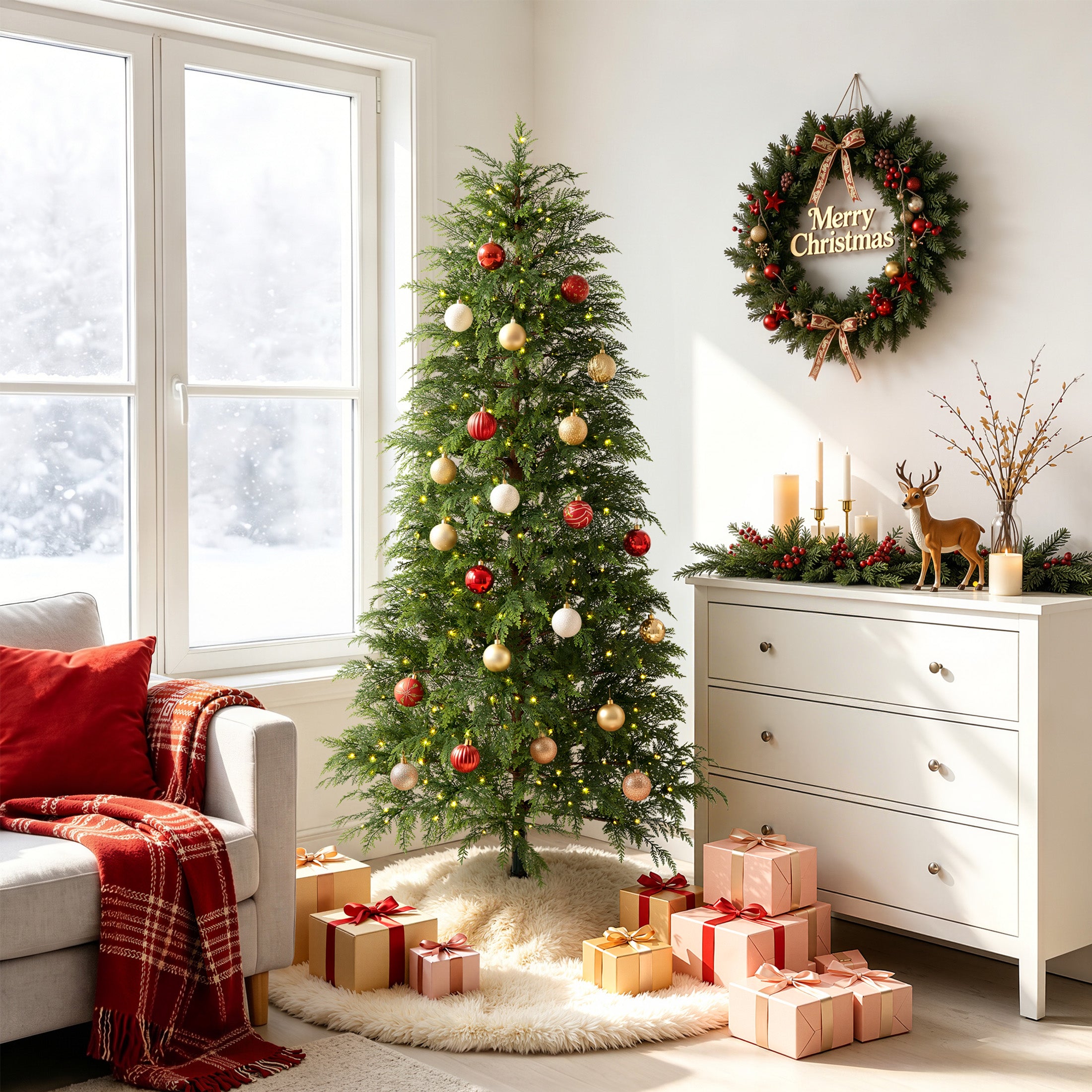 VeriNatural Pre-Lit Green Cypress Artificial Christmas Tree, 2/3/4/6/7.5FT Faux Xmas Tree with Warm White LED Lights, Indoor Holiday Decor