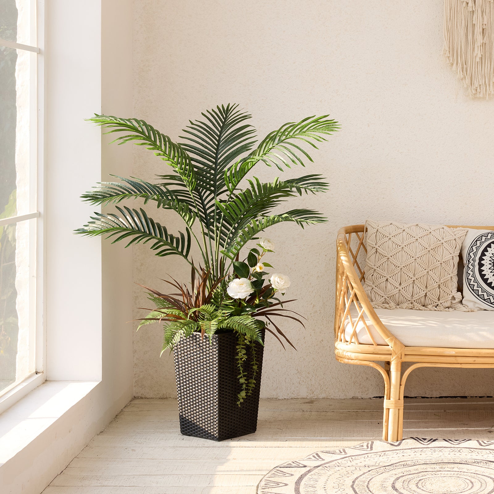 VeriNatural 4FT Mixed Fern and Plam Artificial Plants with Black/White Taper Planter for Indoor & Outdoor（VN148）