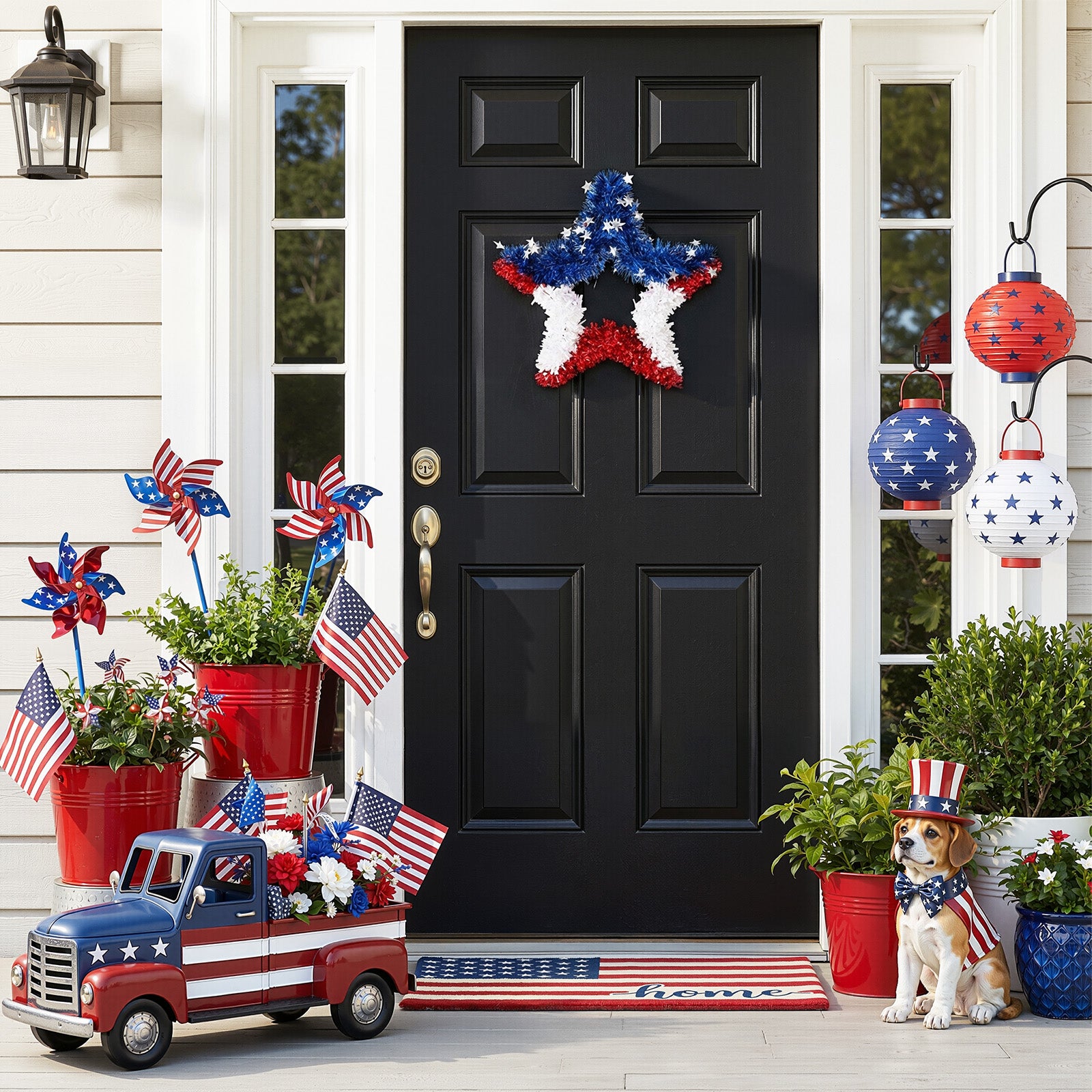VeriNatural Garland  Red White Blue Star Tinsel Decor for Party, Door, Wall & Golf Cart