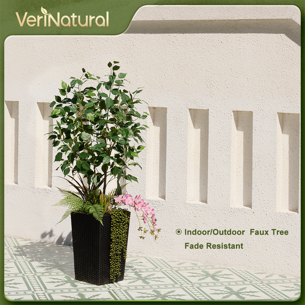VeriNatural 4FT Mixed Fern and Ficus Artificial Plants with Black Taper Planter for Indoor & Outdoor（VN147）