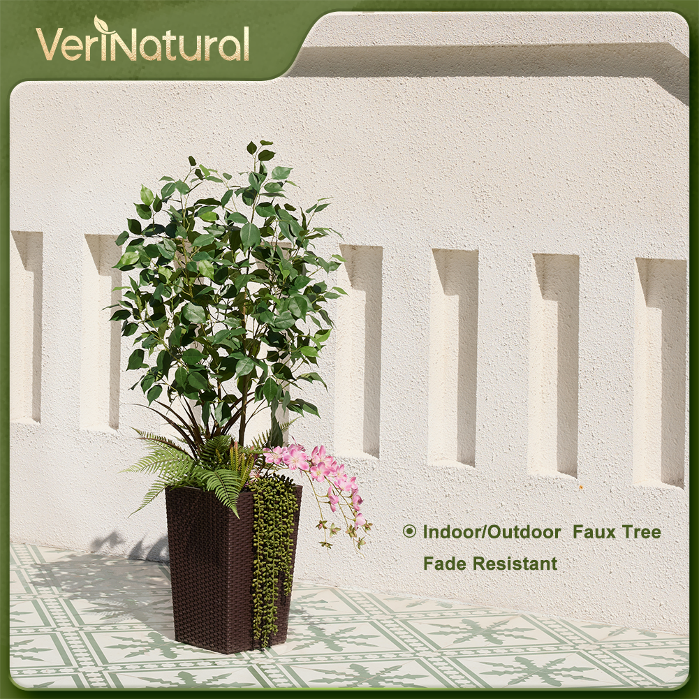 VeriNatural 4FT Mixed Fern and Ficus Artificial Plants with Black Taper Planter for Indoor & Outdoor（VN147）