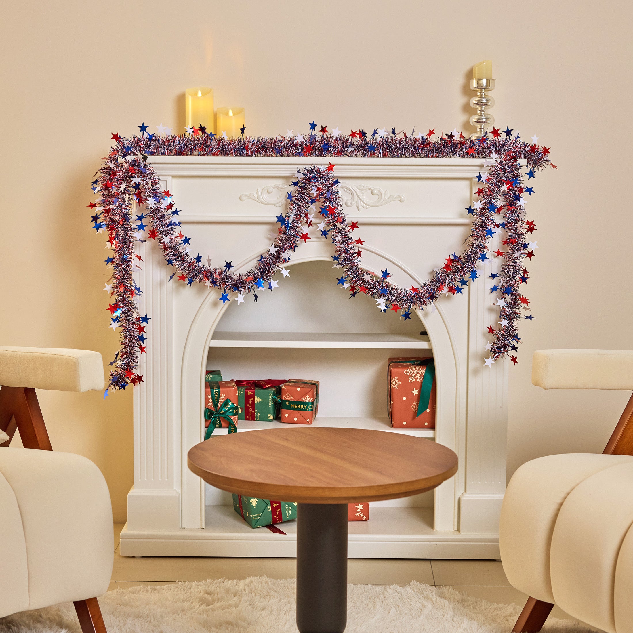 VeriNatural Garland – 2×9FT Red, White & Blue Glitter Tinsel with Stars – Party Decor for Indoor & Outdoor