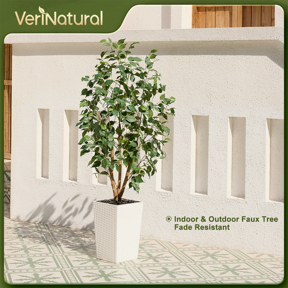 VeriNatural 5/6FT Natural Trunk Artificial Ficus Tree UV Resistant with Black/White Taper Planter for Indoor & Outdoor（VN129）