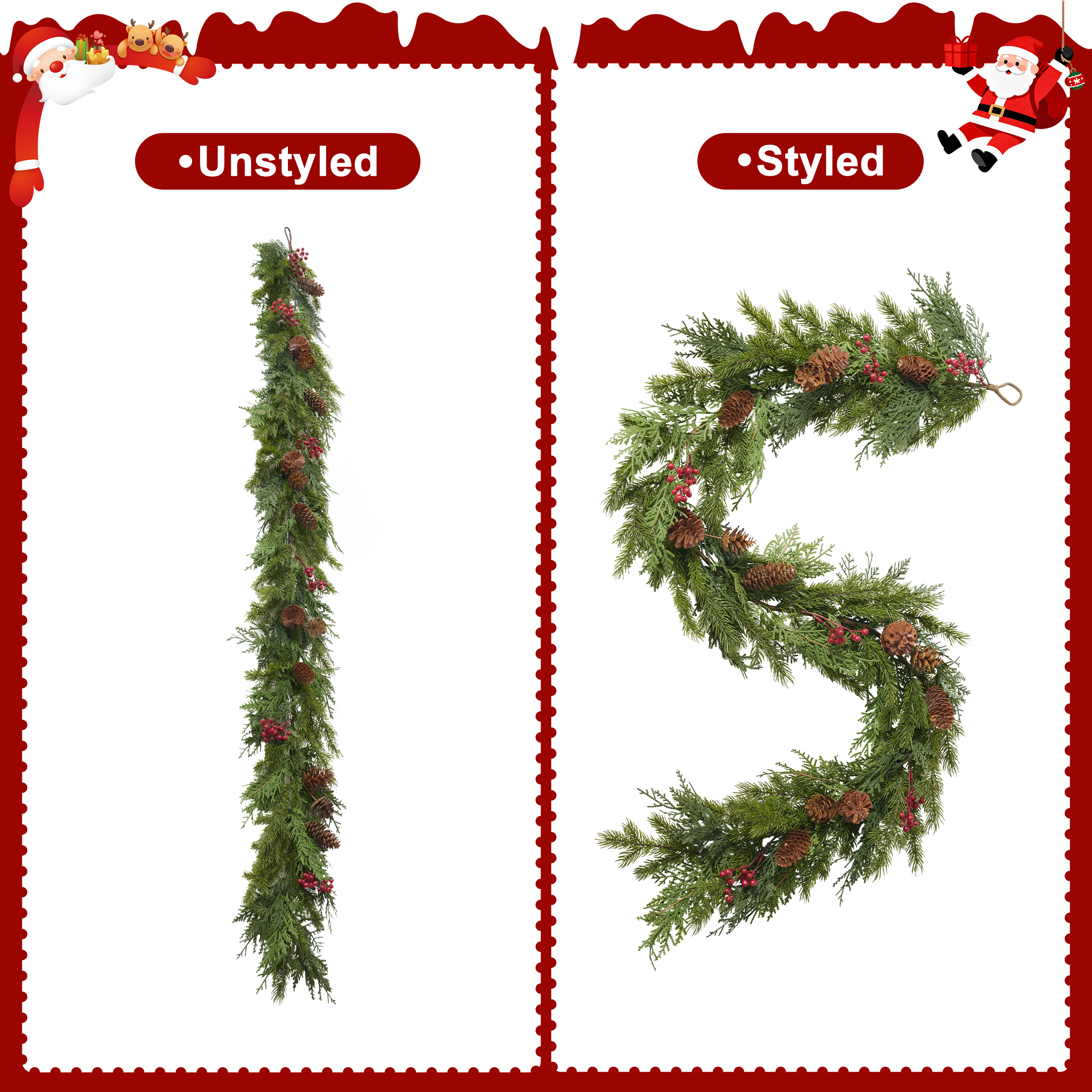 VeriNatural 1-Pack / 2-Pack 6FT Artificial Pine & Berry Foliage Spray with Red Cones – Flexible Greenery Garland for DIY Christmas Tree Filler, Wreaths & Vase Decor