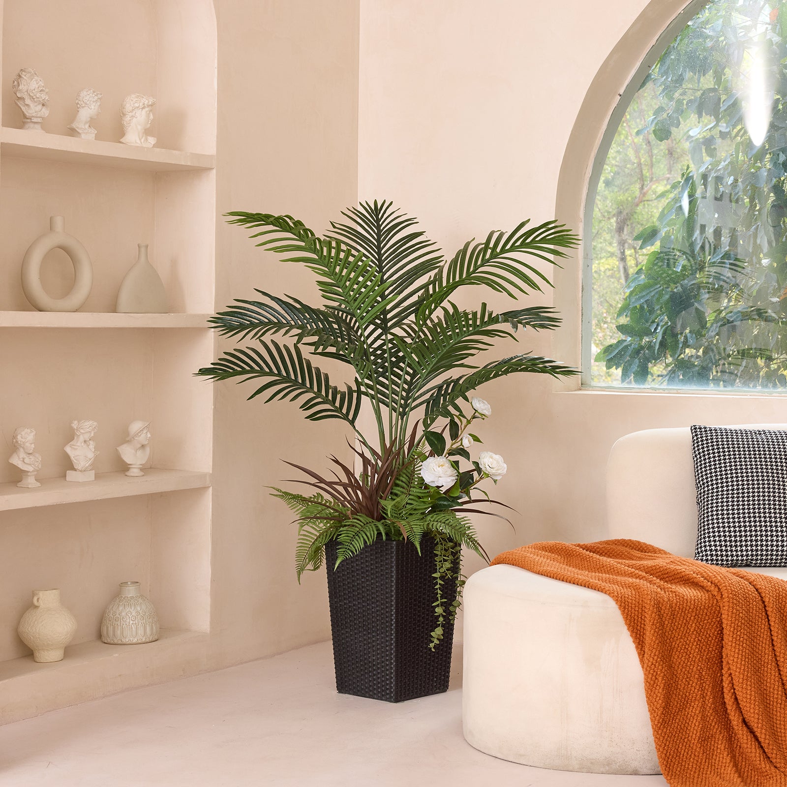VeriNatural 4FT Mixed Fern and Plam Artificial Plants with Black/White Taper Planter for Indoor & Outdoor（VN148）